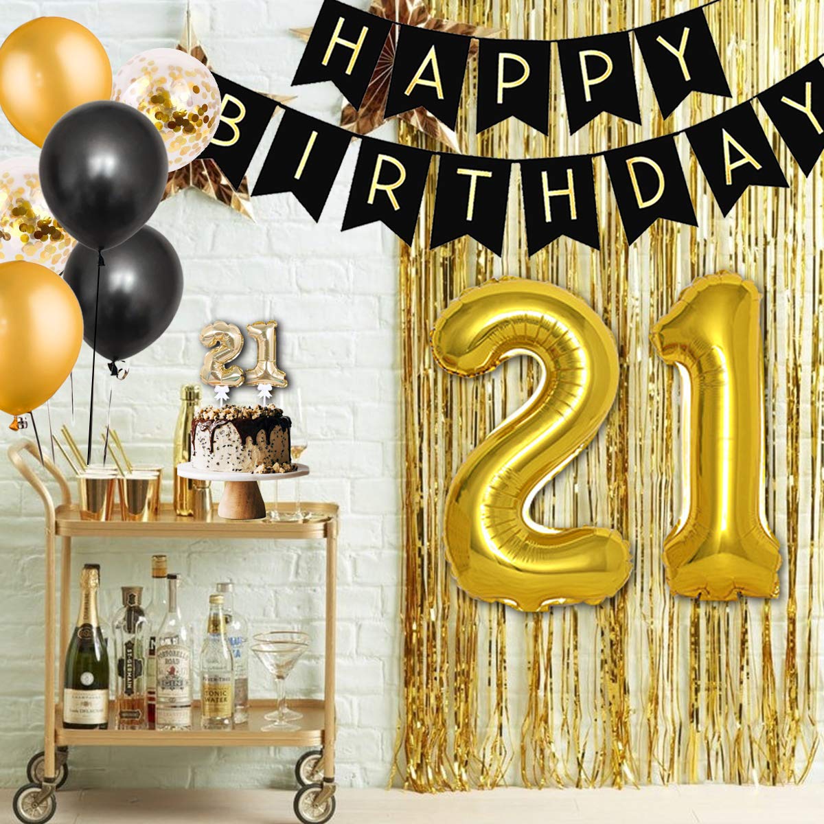 21st Birthday Party Decorations Set - Black & Gold Balloons, Banner, Sash & Fringe Curtain for Him or Her | Perfect for Milestone Birthday Celebrations, Photo Backdrops & Party Room Decor
