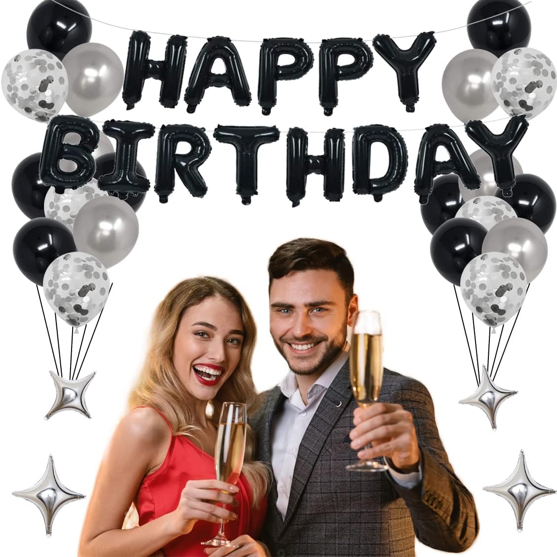 15th Birthday Party Decorations Set - Black & Silver Theme for Boys & Girls | Includes Happy Birthday Banner, Foil Stars & Balloons | Perfect for Quinceañera, Sweet 16 & Teen Birthday Celebrations