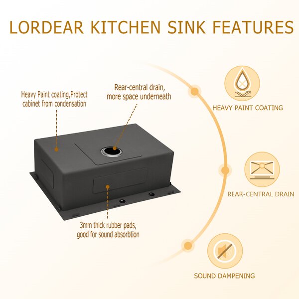 Lordear Stainless Steel Gunmetal Black Drop-in Single Bowl Kitchen Sink - Durable & Stylish for Modern Kitchens, Perfect for Food Prep & Dishwashing