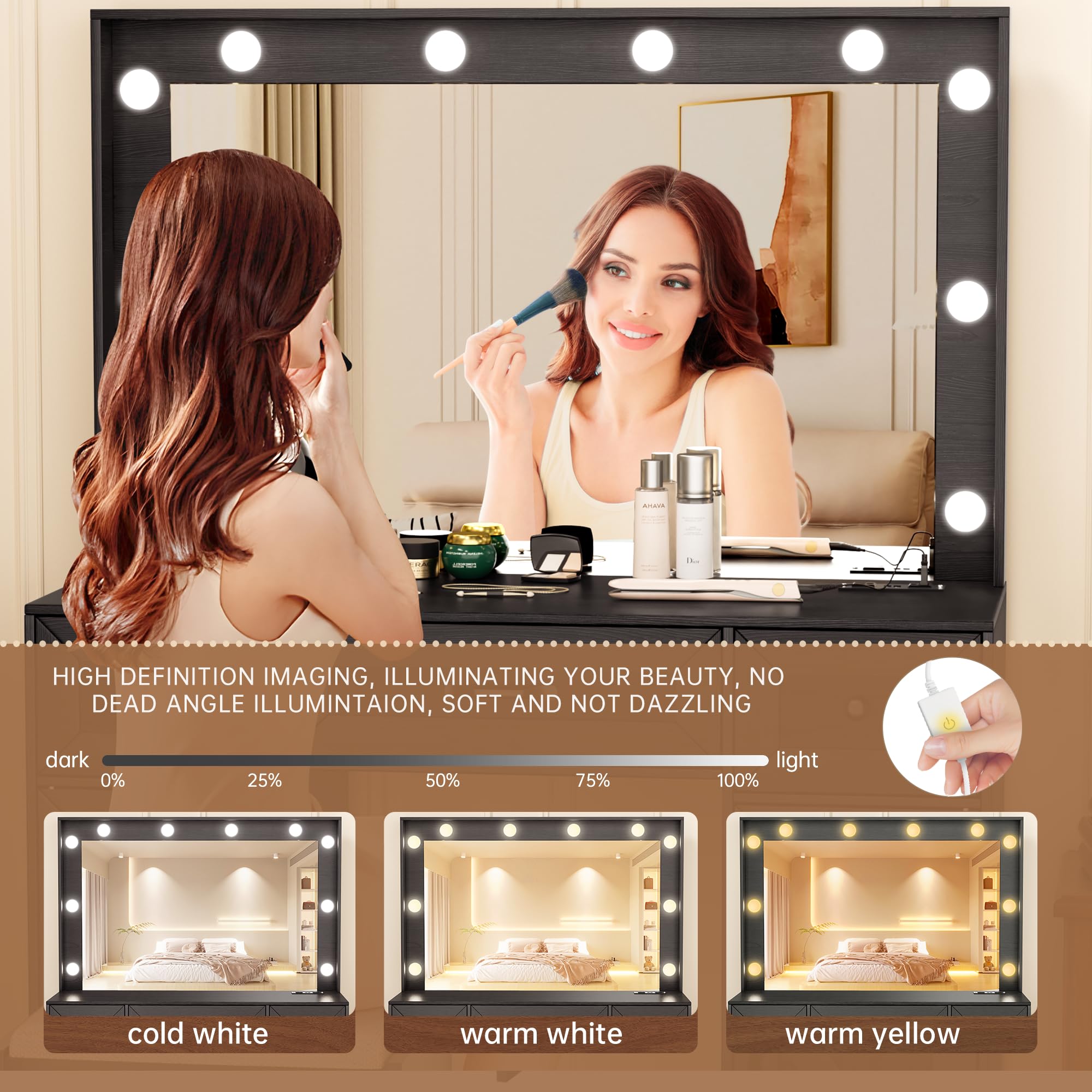 Greenvelly Makeup Vanity Table with LED Lighted Mirror - Black Vanity Desk with 3 Lighting Modes, Stool & Storage Drawers - Dressing Table for Women & Girls | Perfect for Bedroom, Bathroom & Beauty Salon Makeup Station