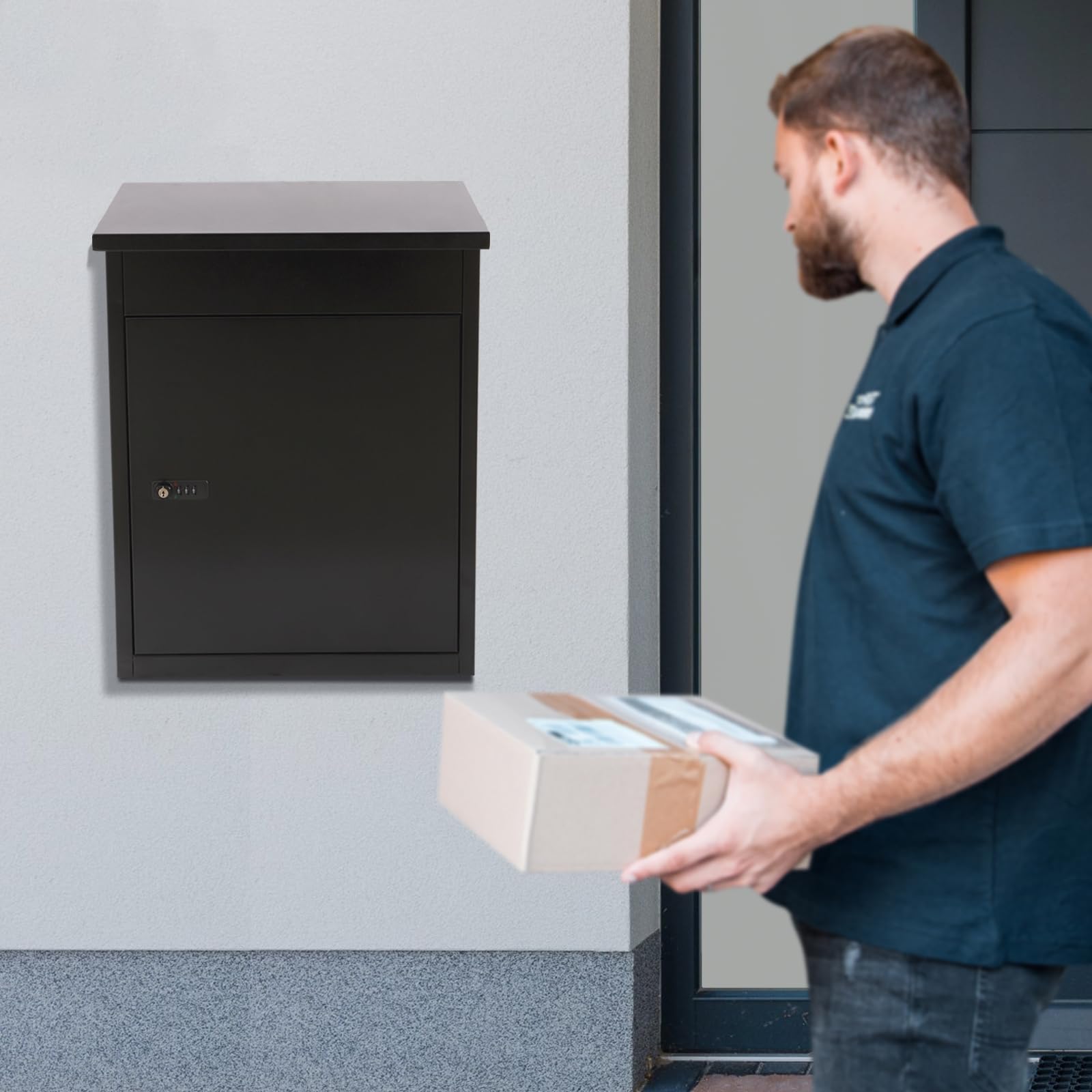 16.13x13x22in Wall Mounted Anti-Theft Parcel Drop Box with Code Lock - Large Outdoor Package Delivery Mailbox for Secure Shipping (Black) - Perfect for Porch, Front Door & Apartment Building Deliveries