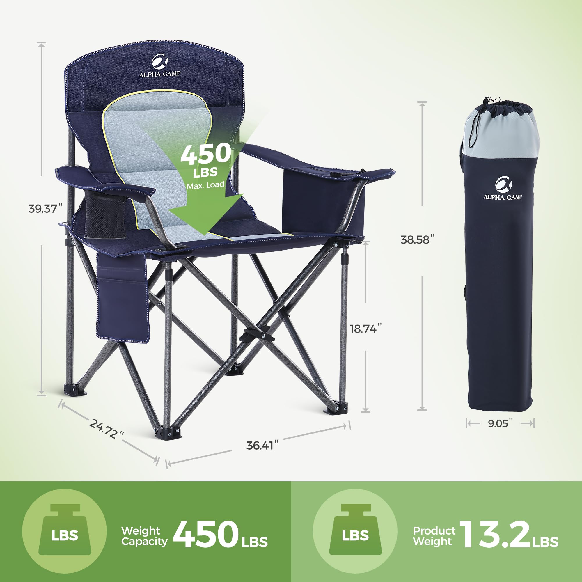 LET'S CAMP Oversized Folding Camping Chair - Heavy Duty Portable Outdoor Chair with Cup Holder, Storage Pocket & Cooler Bag - Supports 450LBS - 2 Pack Blue - Perfect for Camping, Beach, Backyard, Picnic, Fishing, and Outdoor Events