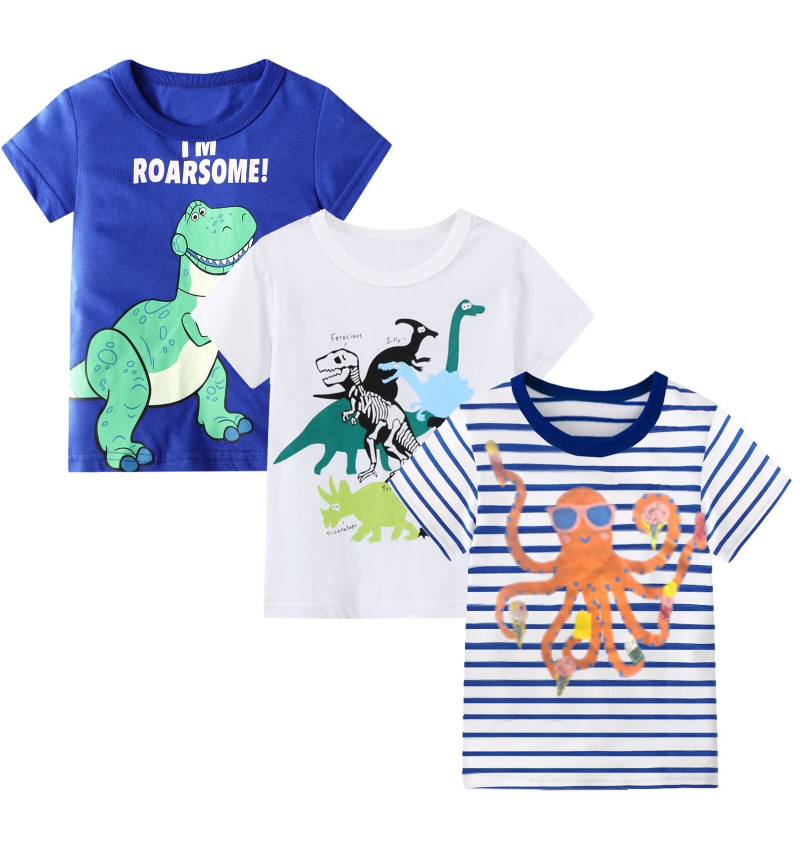 HILEELANG Boys Long Sleeve Graphic T-Shirts 3 Pack - 100% Cotton Casual Crewneck Tee Shirt Set for Kids - Perfect for School, Playdates & Everyday Wear
