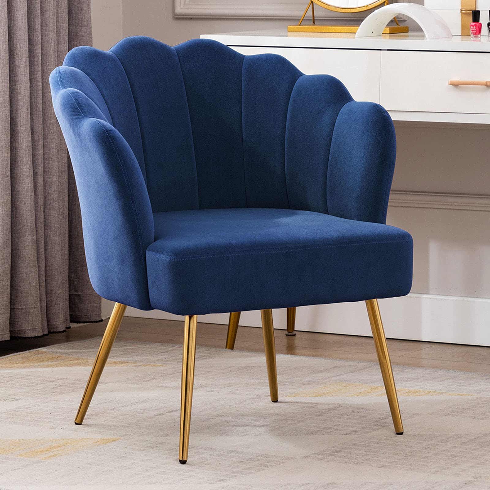 Velvet Upholstered Accent Chair with Golden Metal Legs - Comfy Makeup Vanity Chair, Desk Chair for Living Room, Bedroom & Reception - Blue Velvet Lounge Chair for Home Office & Guest Seating