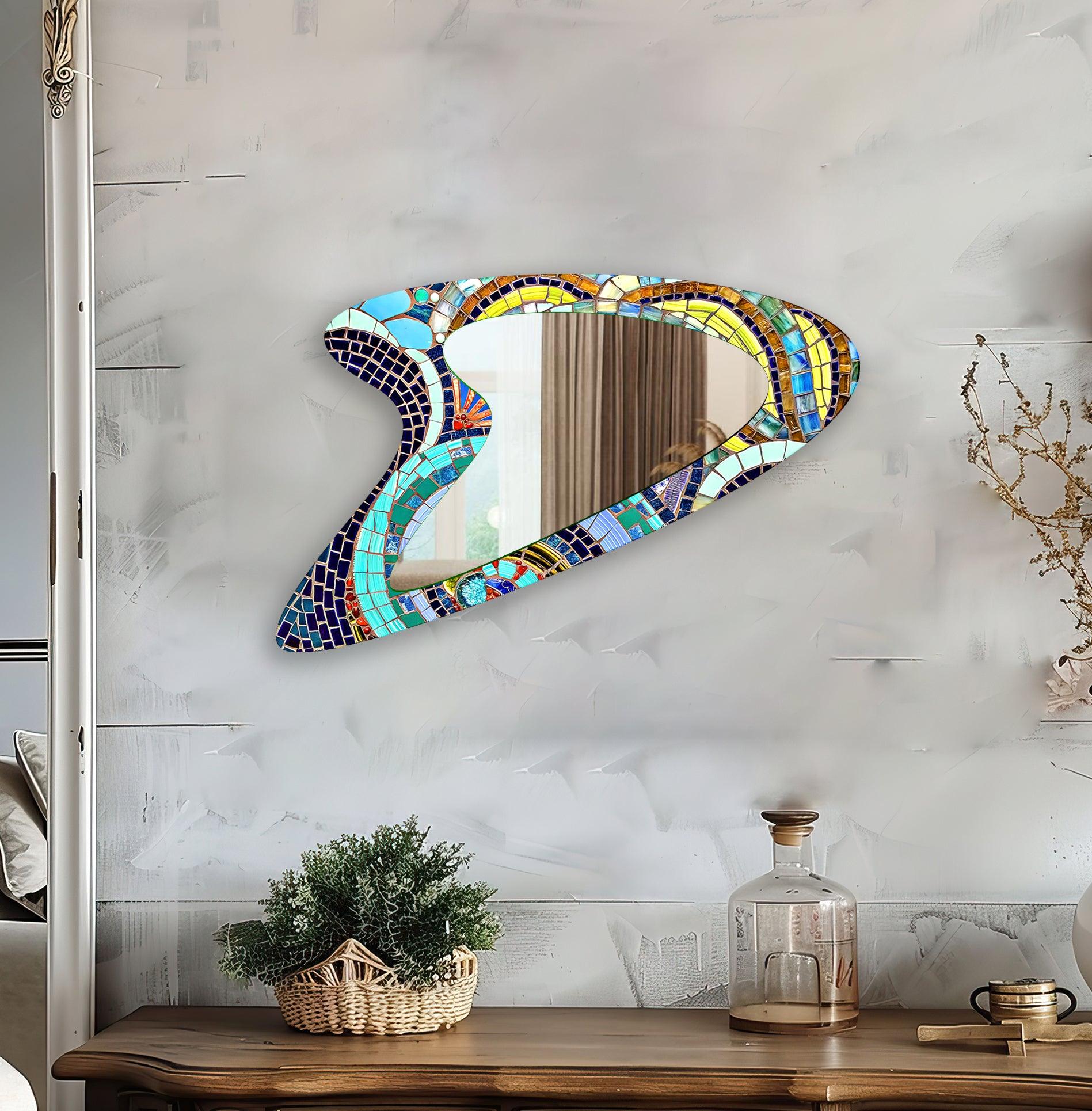 Vibrant Mosaic Decorative Glass Wall Mirror - Handcrafted Home Decor for Bathroom, Bedroom & Entryway - Adds Bohemian Style to Any Space