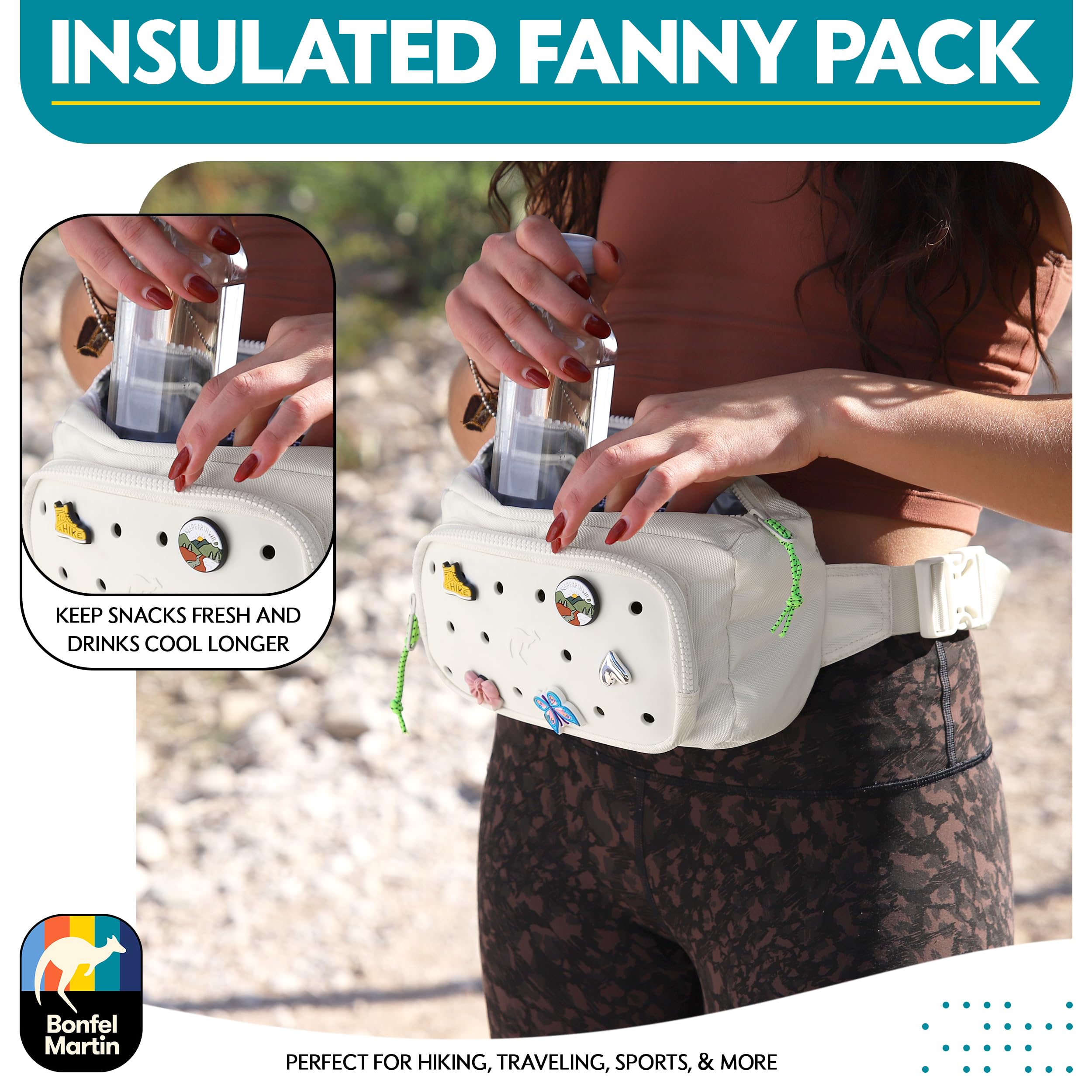 Insulated Fanny Pack for Women & Men - Adjustable Waist Bag with Custom Charm Panel - Travel, Hiking & Gym Crossbody Bag - Fashionable Unisex Hip Pack (Cream White) - Perfect for Outdoor Adventures, Workouts & Daily Errands
