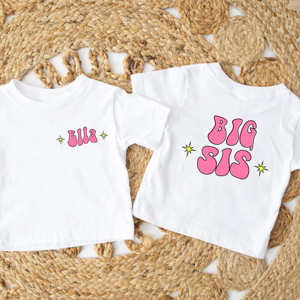 Custom Big & Lil Bro Sis Matching Kids White T-Shirts - Personalized Sibling Outfits for Family Photos & Special Occasions