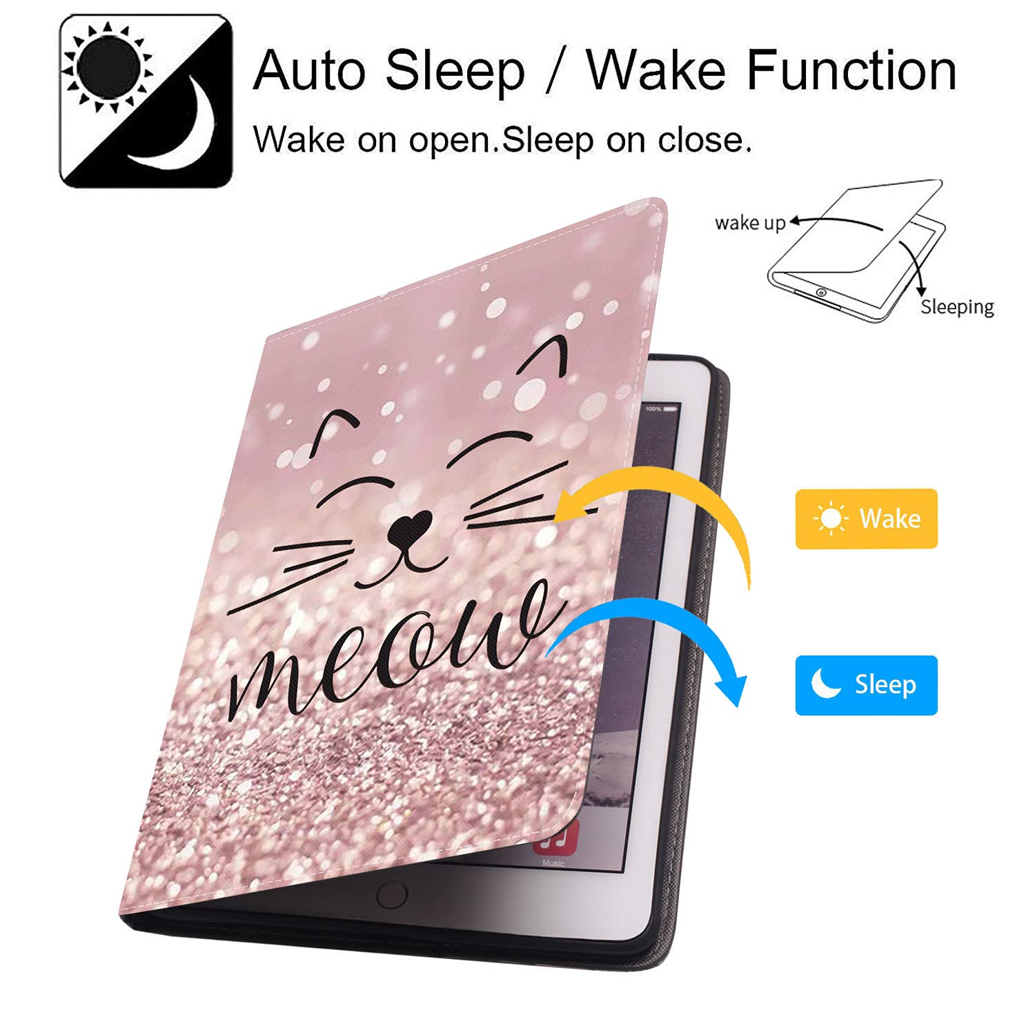 Shockproof Cute Cat Face TPU Case for iPad 9.7 2017/2018 & iPad Air/Air 2 - Adjustable Folio Stand with Auto Sleep/Wake (Pink Glitter Meow Design) - Perfect for Work, School & Travel Protection