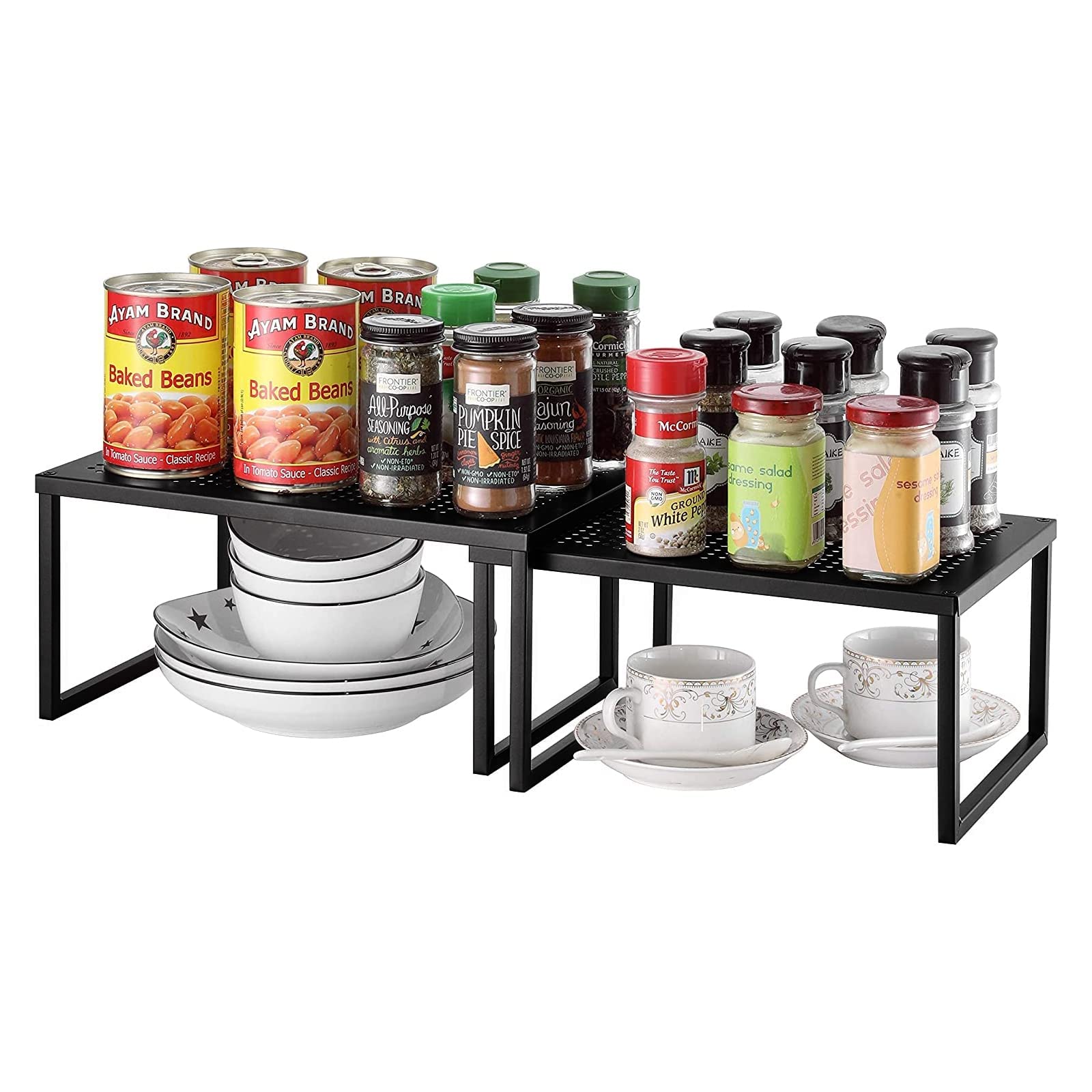 2 Pack Black Expandable Stackable Kitchen Cabinet Shelf Organizer - Pantry Storage Rack for Countertops, Spices, and Small Appliances | Perfect for Kitchen, Bathroom, and Office Organization