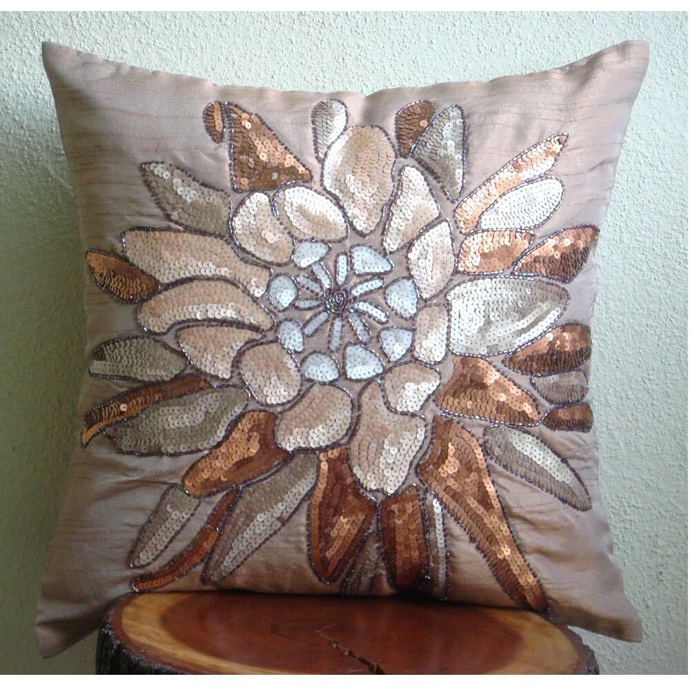 HomeCentric Brown Floral Throw Pillow Covers 18x18 Inch - Sequins & Beaded Flower Design, Silk Decorative Pillow Cases for Sofa, Bed, Living Room - Perfect for Home Decor, Accent Pillows