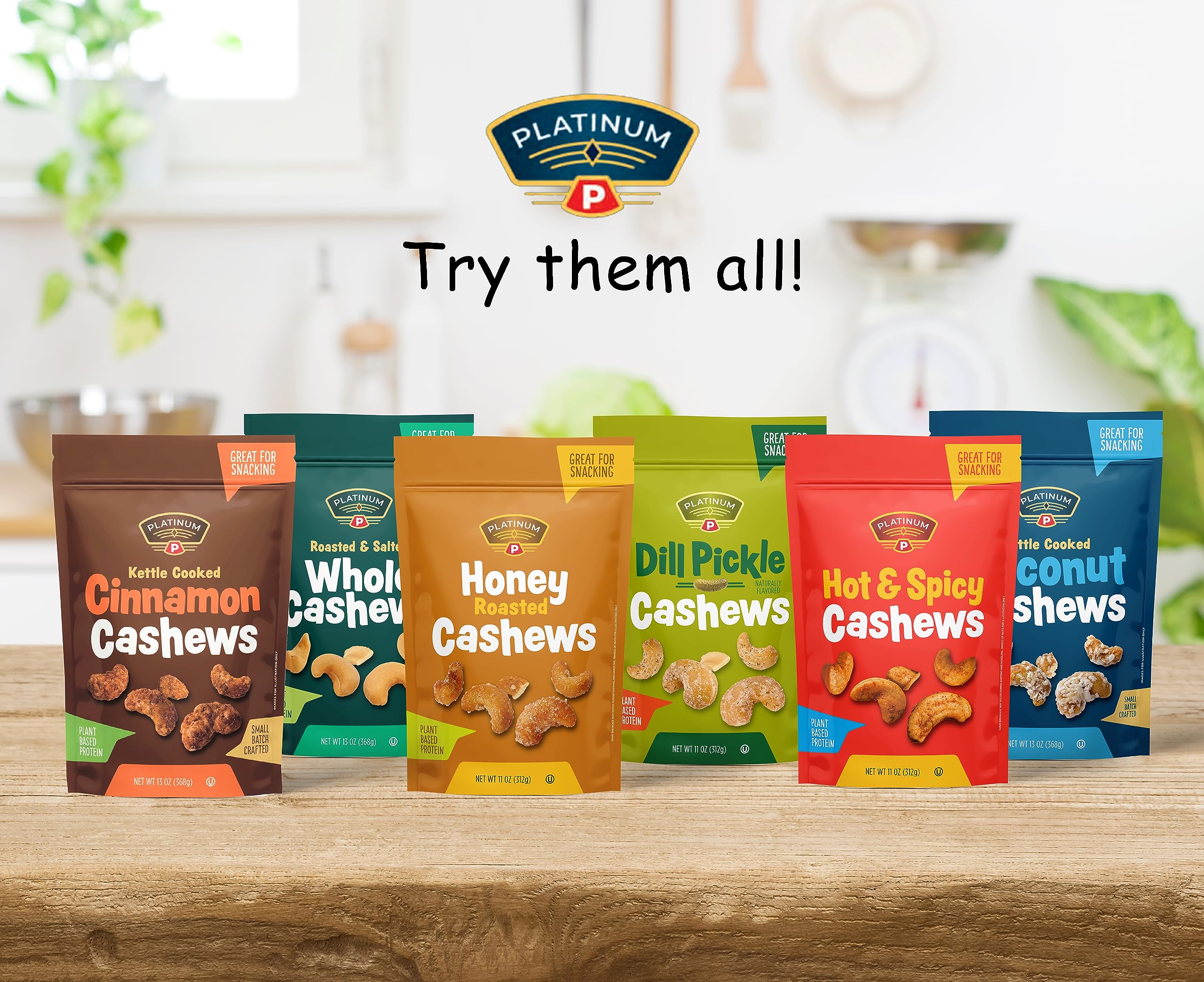 Premium Platinum Kettle Cooked Cinnamon Cashews - Vegan Protein Snack with Fiber | Sweet & Spicy Flavored Healthy Nuts | 13oz Resealable Pouch for Home, Office, Gym & School | Perfect for Energy Boosting & On-the-Go Snacking