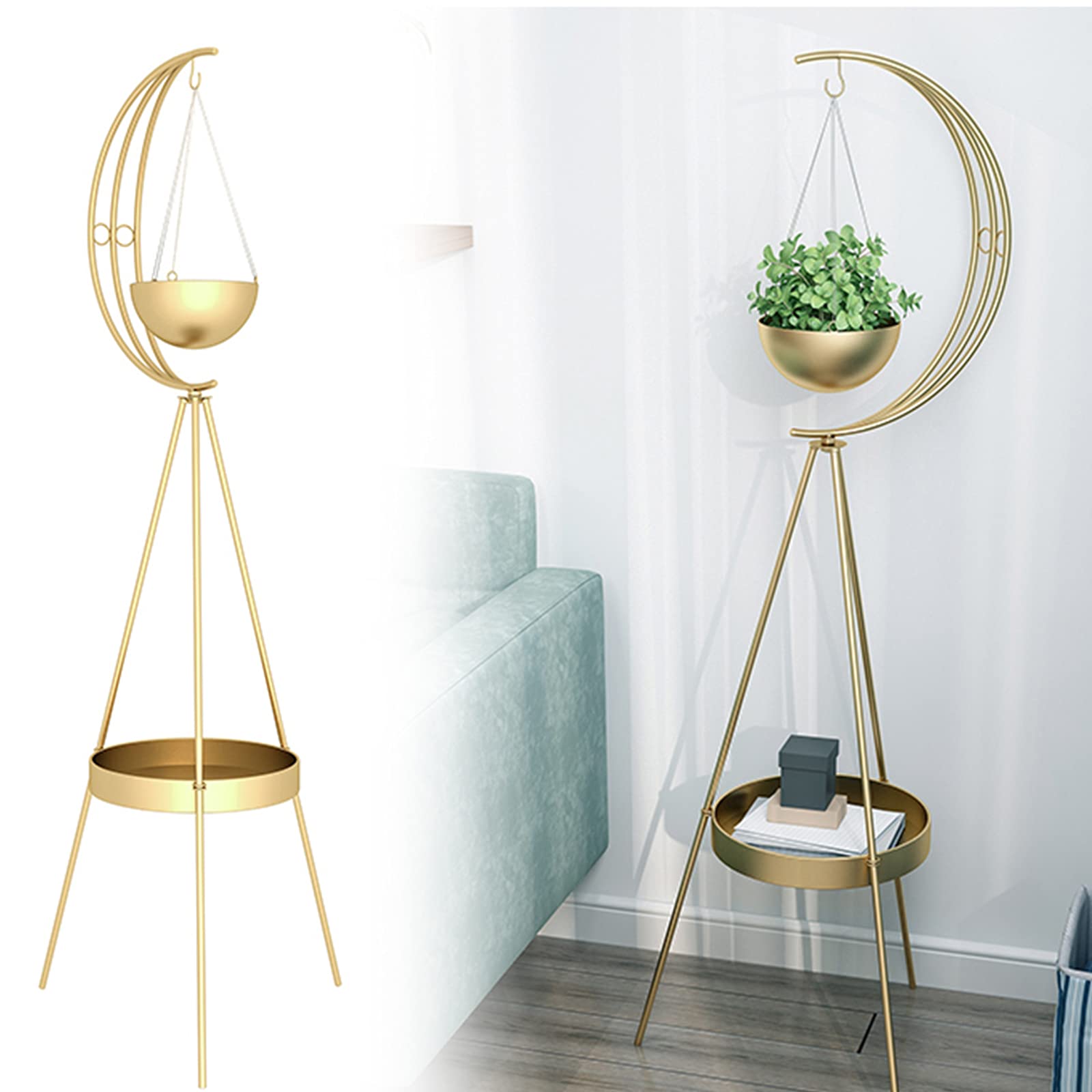 LOYALHEARTDY Metal Plant Stand - Multifunctional Iron Flower Pot Rack, Hanging Planter for Indoor & Outdoor Decor - Perfect for Garden, Living Room, Balcony & Corner Spaces (Golden)