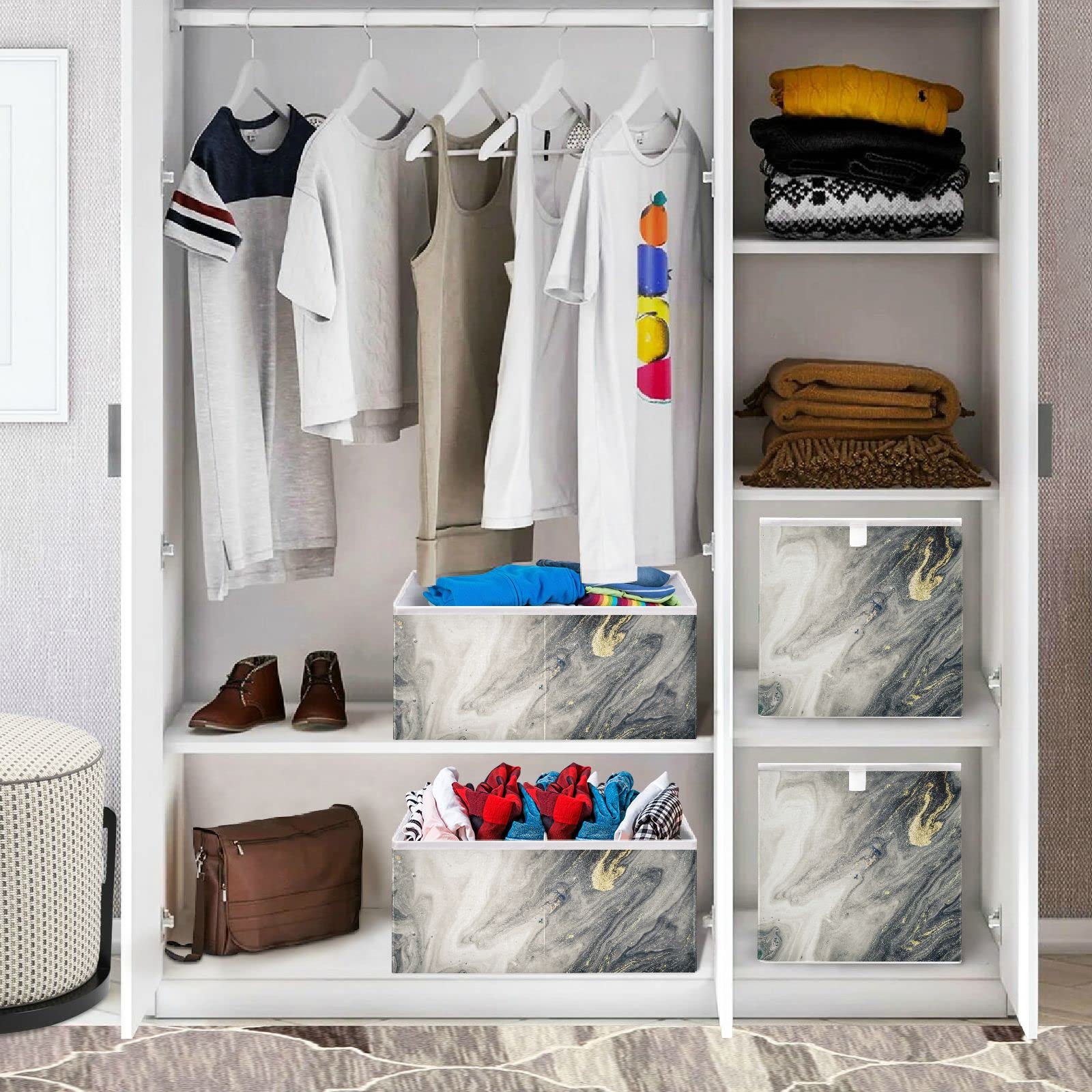 Grey Marble Storage Basket - Collapsible Square Fabric Bin for Home Organization | Perfect for Living Room, Office, and Closet Storage