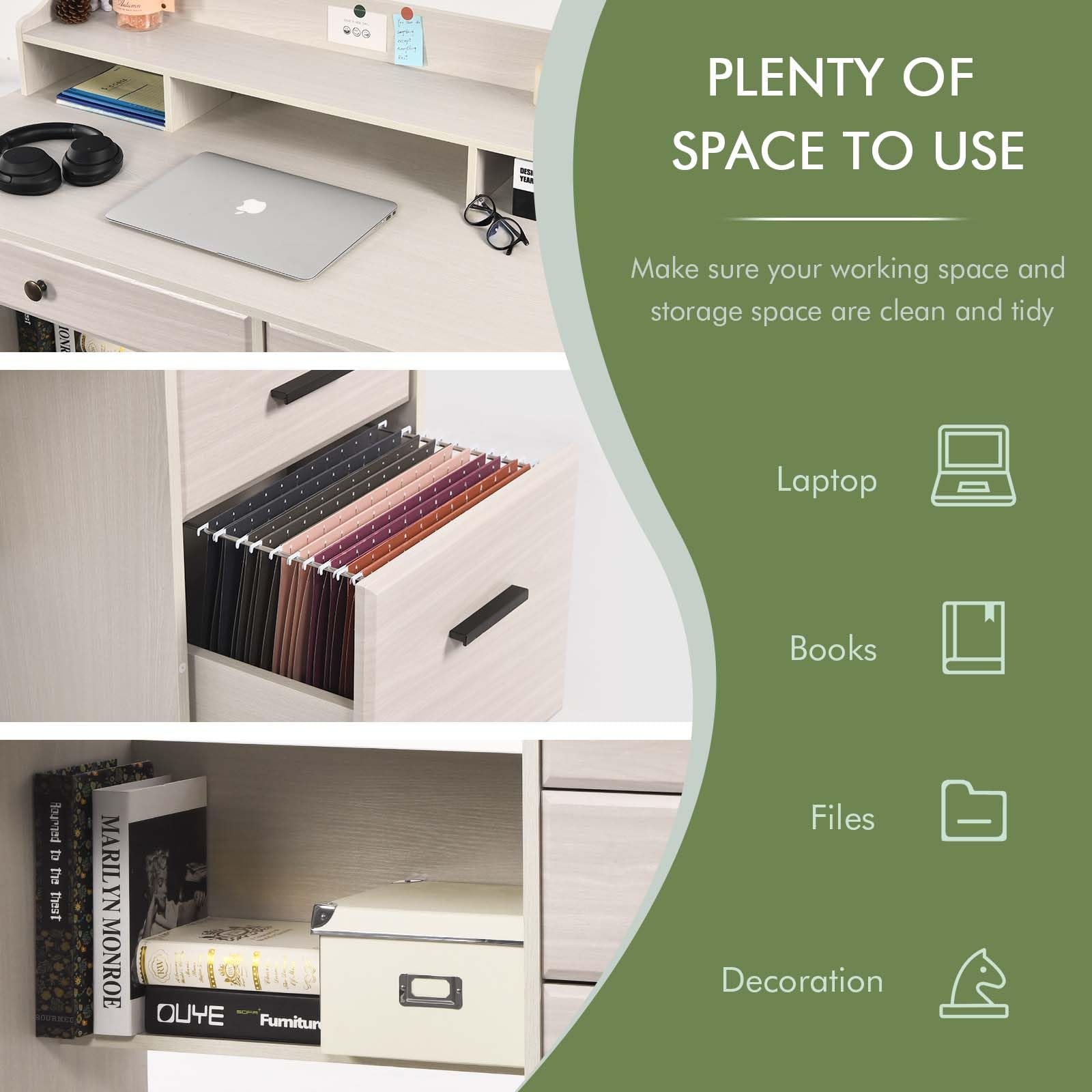 Farmhouse Style Computer Desk with Drawers & Hutch - Solid Wood Writing Desk for Home Office, Study & Small Spaces - Includes File Storage - Perfect for Bedroom, Dorm or Workspace (Milky White)