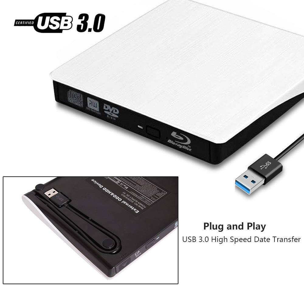 Portable External USB 3.0 Blu-ray DVD CD Drive - BD-ROM Reader/Writer/Burner for PC & Laptop (White) | Watch Movies, Backup Data, Install Software on Windows/Mac