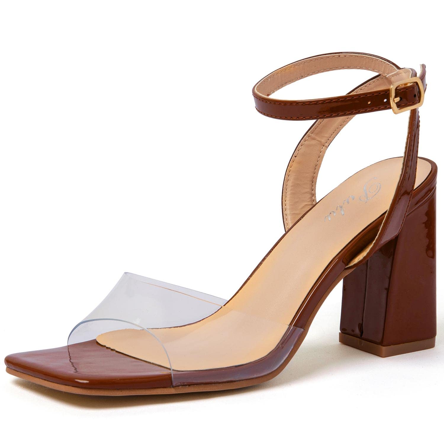 Putu Women's Clear Chunky High Heels - Square Open Toe Ankle Strap Heeled Sandals for Party, Wedding & Summer Outfits | Comfortable Dress Shoes for Women