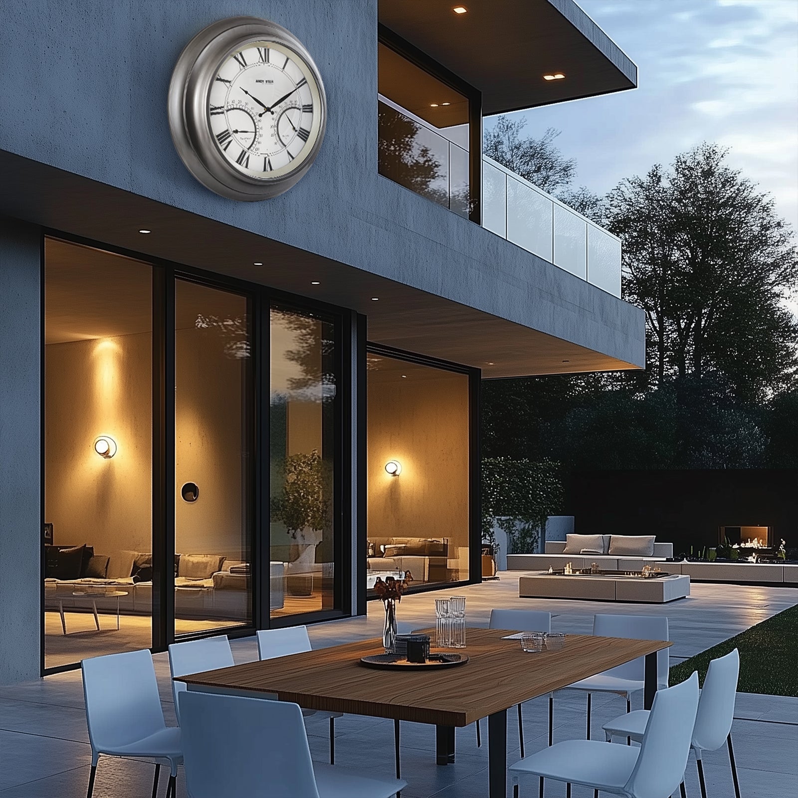 24 Inch Large Outdoor Wall Clock with Thermometer - Waterproof, Illuminated, Contemporary Design - Perfect for Patio, Garden, Backyard, and Deck Decor
