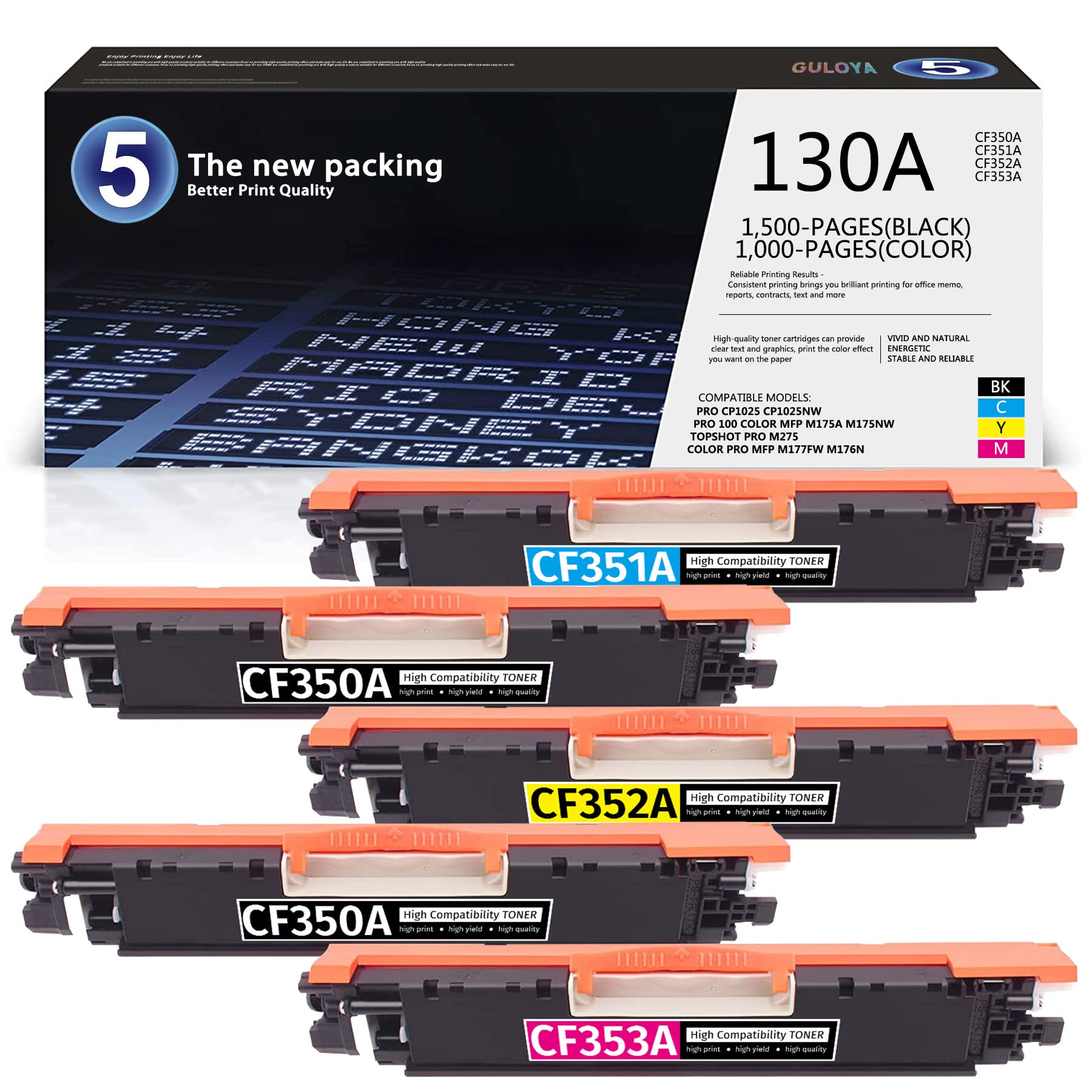 GULOYA 5-Pack Compatible Toner Cartridge for HP 130A (CF350A CF351A CF352A CF353A) - Replacement for HP CP1025/CP1025nw/MFP M175a/M175nw/M275/M177fw/M176n Printers (2 Black, 1 Cyan, 1 Magenta, 1 Yellow) - Perfect for Office & Home Printing Needs
