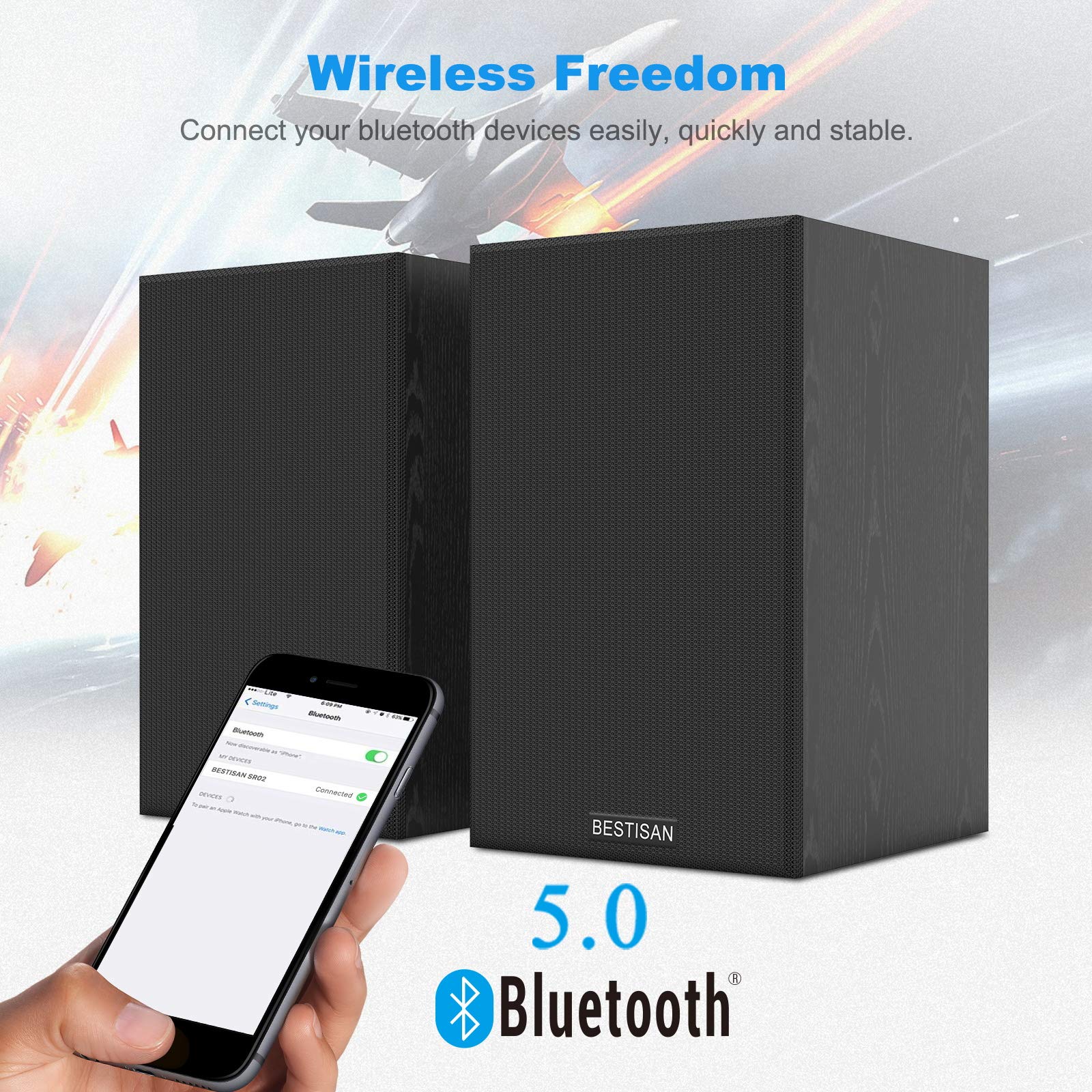 BESTISAN Powered Bookshelf Speakers with Bluetooth 5.0, Adjustable Bass, 4 Inch Drivers for TV, Computer, Phone, Record Player, Home Studio, Perfect for Living Room, Office, and Gaming Setup