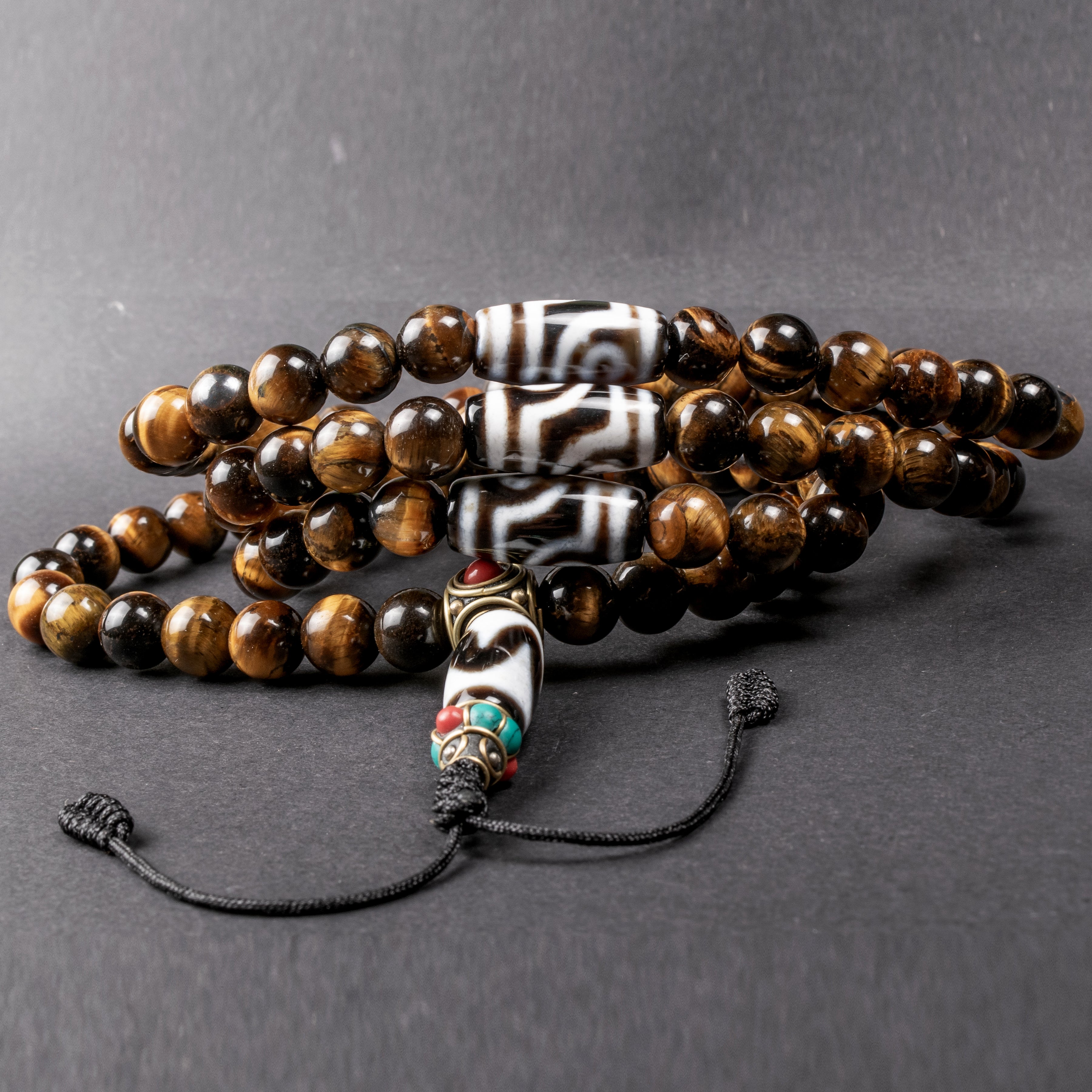 Natural Tiger Eye Dzi Beads Mala Bracelet - Healing Stone Buddhist Prayer Beads for Meditation, Yoga & Spiritual Protection - Unisex Handmade Jewelry Gift for Men & Women