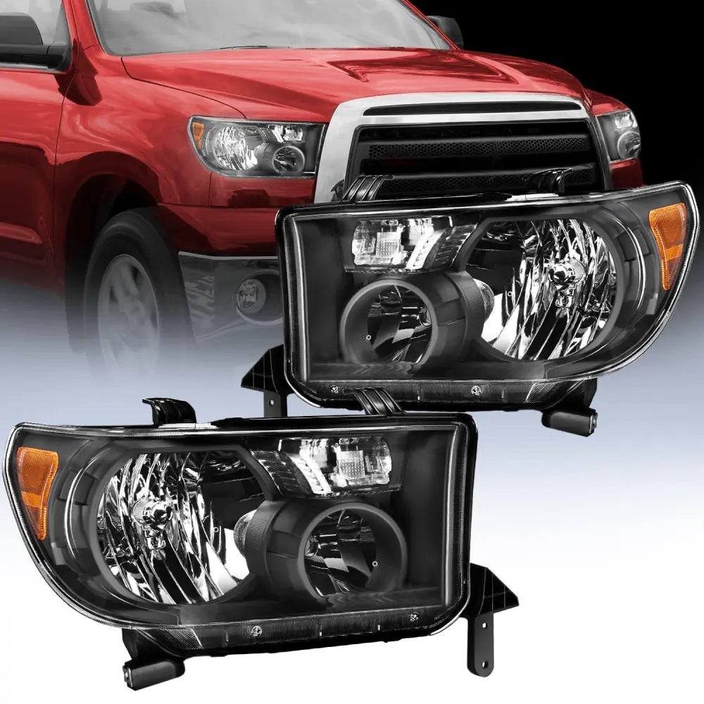 2007-2013 Toyota Tundra & Sequoia Black Headlight Assembly with Amber Reflector & Clear Lens - Replacement for Dim/Broken Lights, Off-Road & Night Driving Upgrade