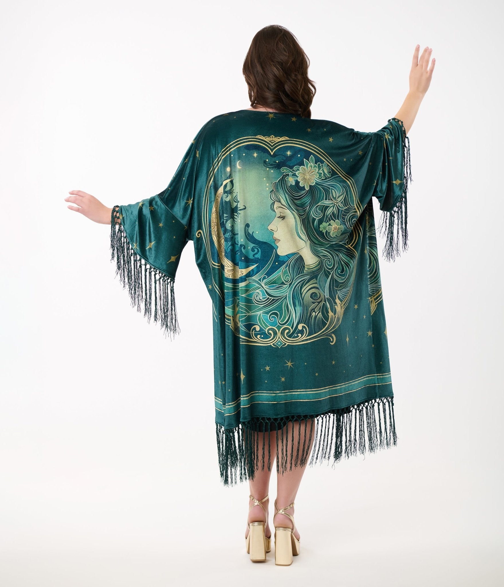 Vintage 1930s Green Art Nouveau Fringe Kimono - Elegant Floral Japanese Robe for Women, Boho Chic Loungewear & Party Cover-Up, Perfect for Themed Events, Costumes, and Photo Shoots