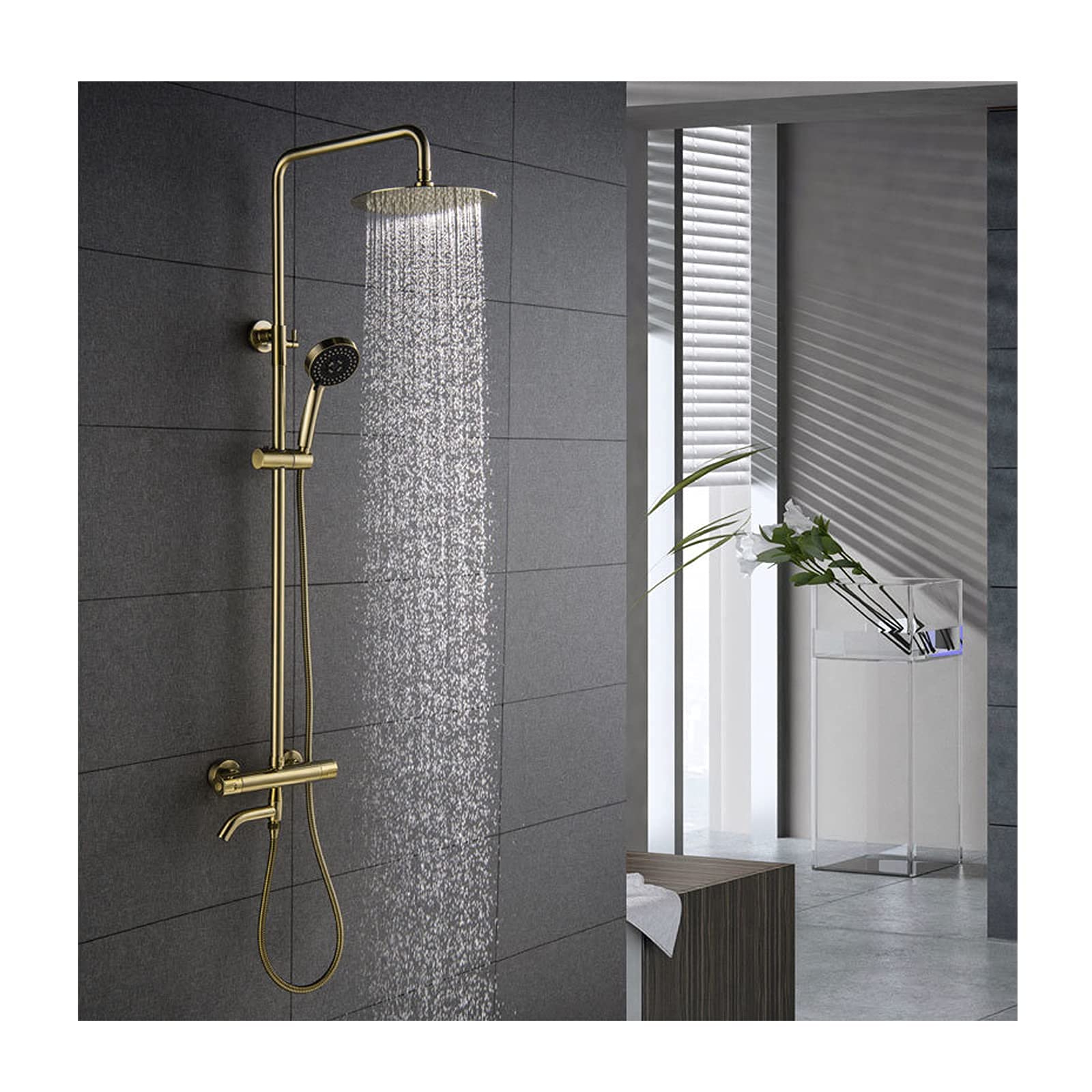 ZCYXQR Thermostatic Mixer Shower System - Brushed Gold Anti-Scald Shower Set with 3-Function Handheld for Family Bathroom | Perfect for Modern Home Bathrooms & Spa-Like Shower Experience