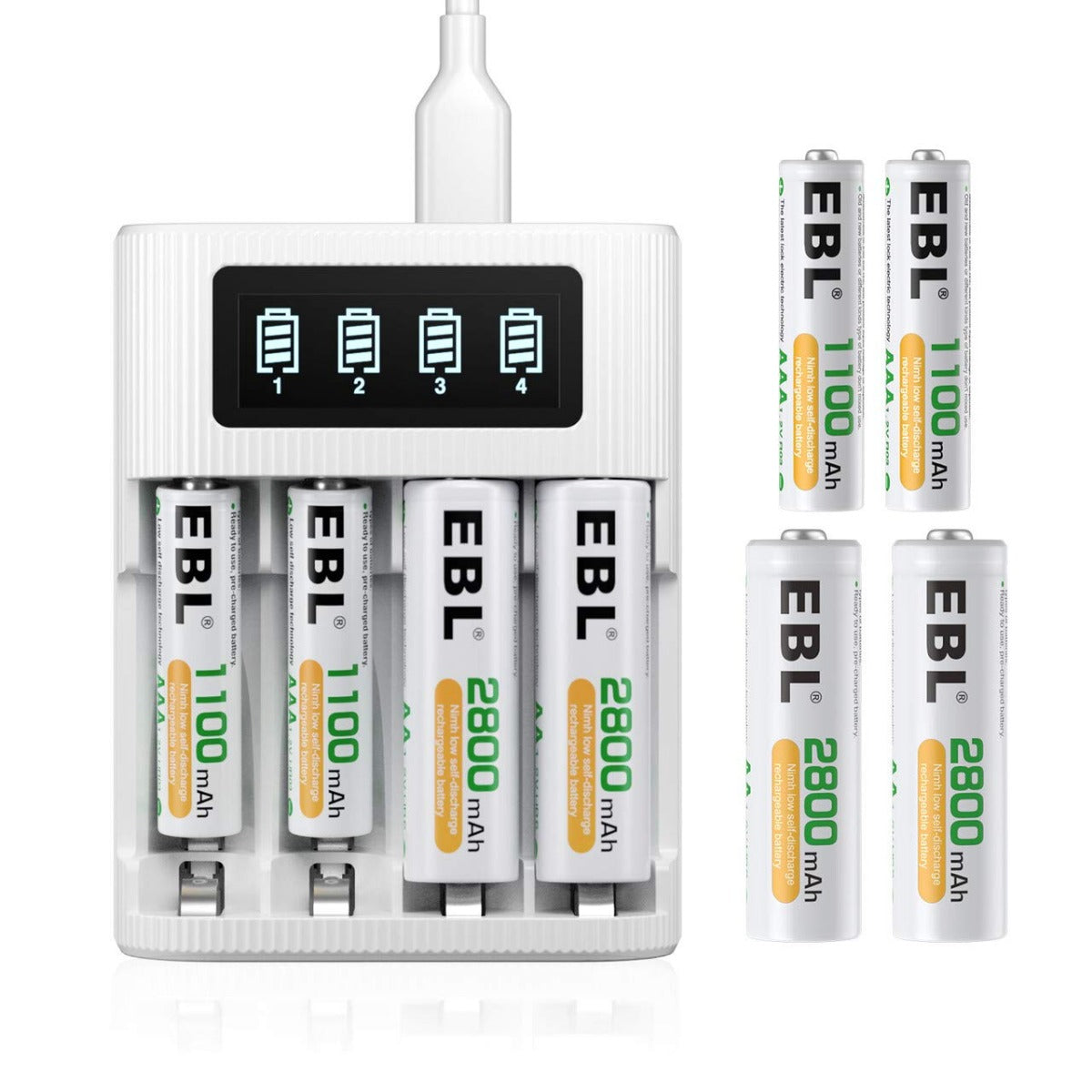 EBL AA AAA Rechargeable Batteries with FY 409 4 Bay LCD Charger - Fast Charging for Cameras, Toys, Flashlights & Electronics - Perfect for Home, Office and Travel Use