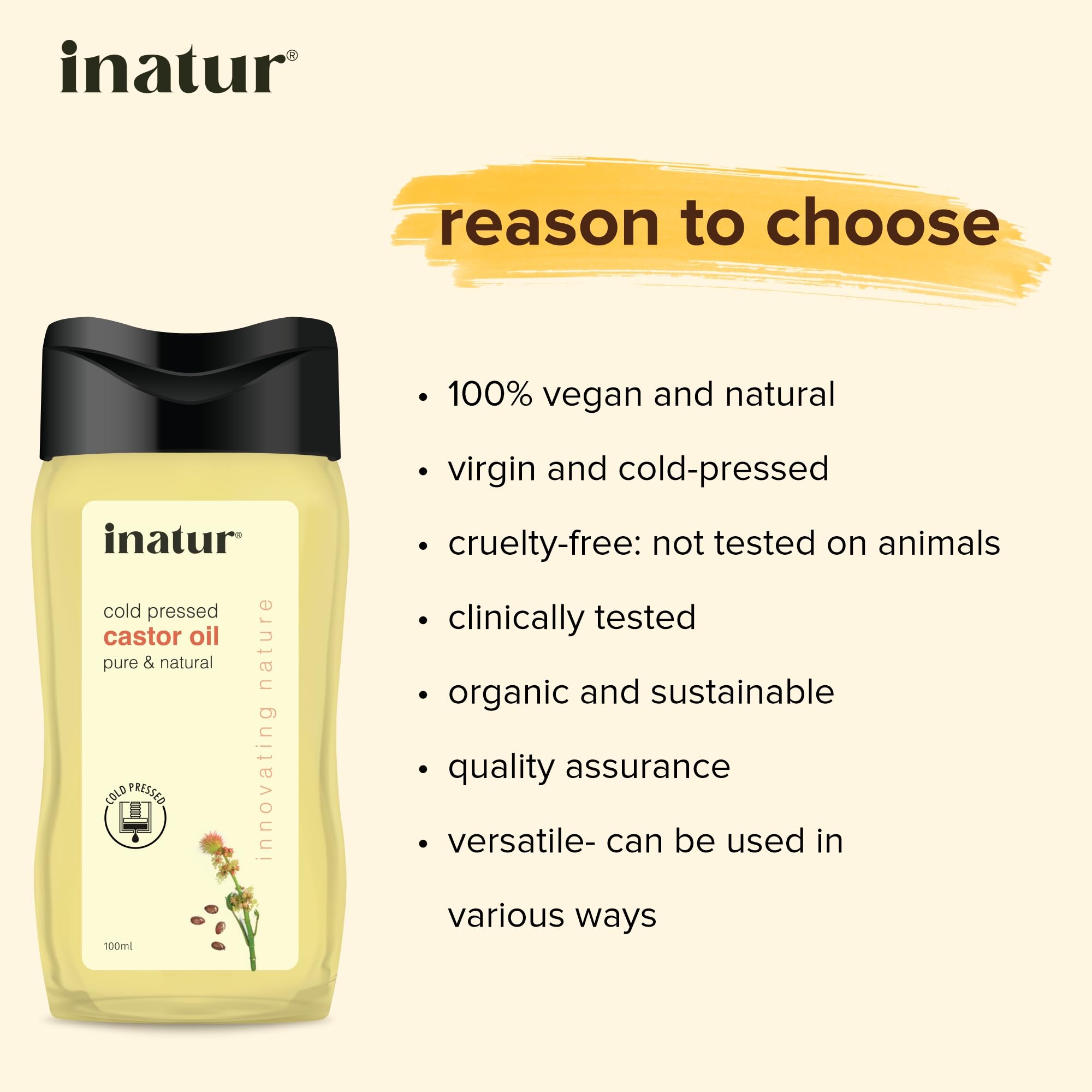 100% Pure Cold Pressed Castor Oil 100ml - Organic & Natural Hair Growth Oil for Eyebrows, Eyelashes, Scalp & Skin Care | Nourishes Dry Skin, Strengthens Hair & Nails | Perfect for DIY Beauty Treatments & Nighttime Hair Masks