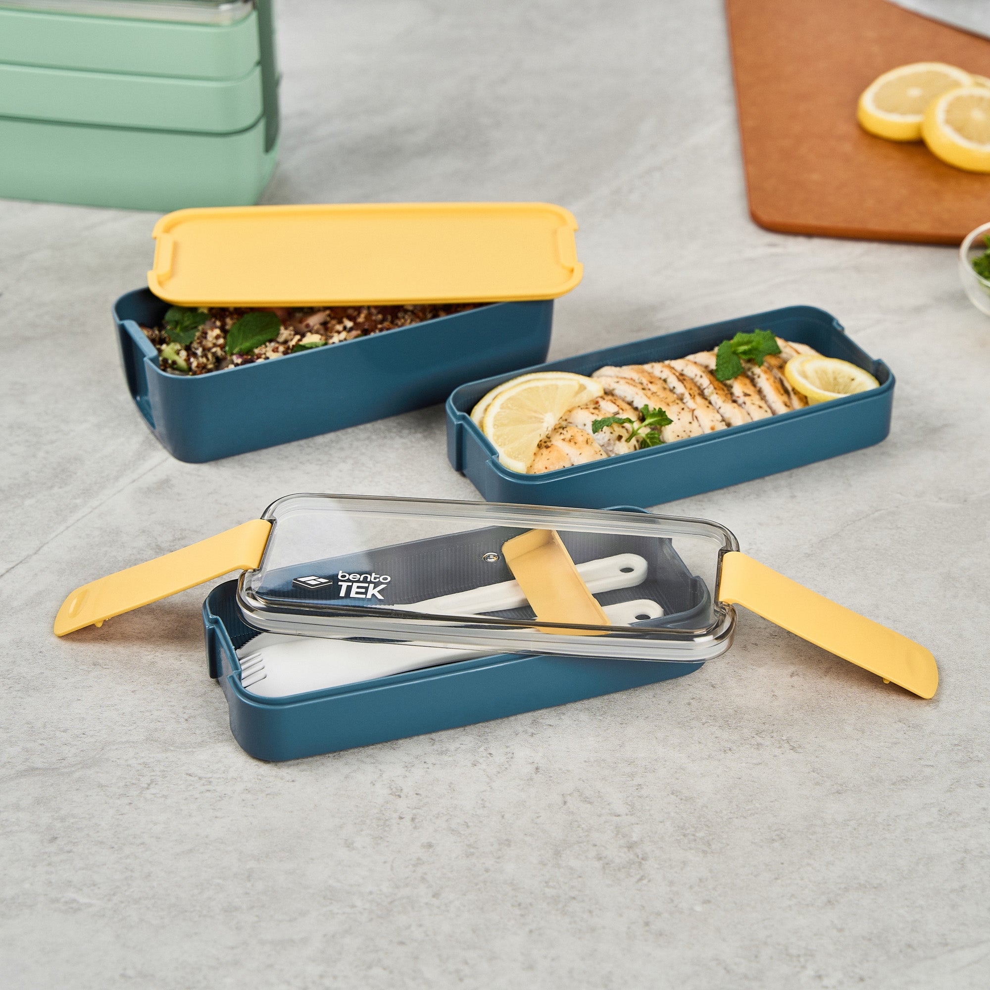 Bento Tek 30 oz 3-in-1 Lunch Box Set - BPA Free, Microwave Safe, Leak Proof with Fork & Knife - Blue & Yellow (7.5