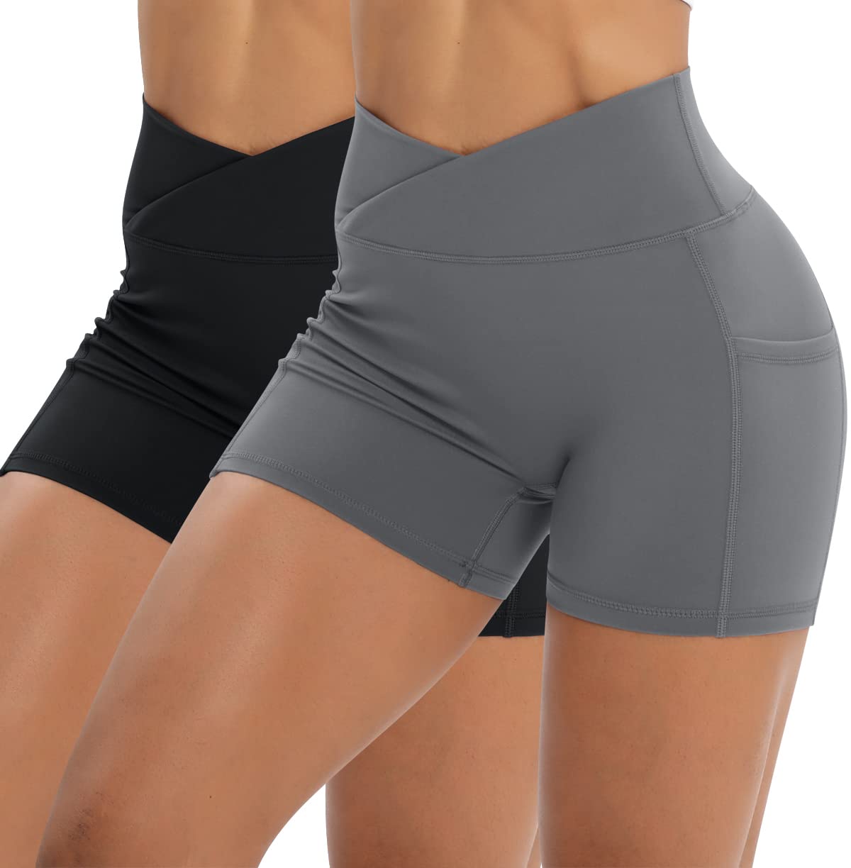 Women's Workout Shorts 2-Pack - High Waist Stretchy Spandex Gym & Yoga Shorts with Side Pockets - Perfect for Running, Training & Fitness Activities