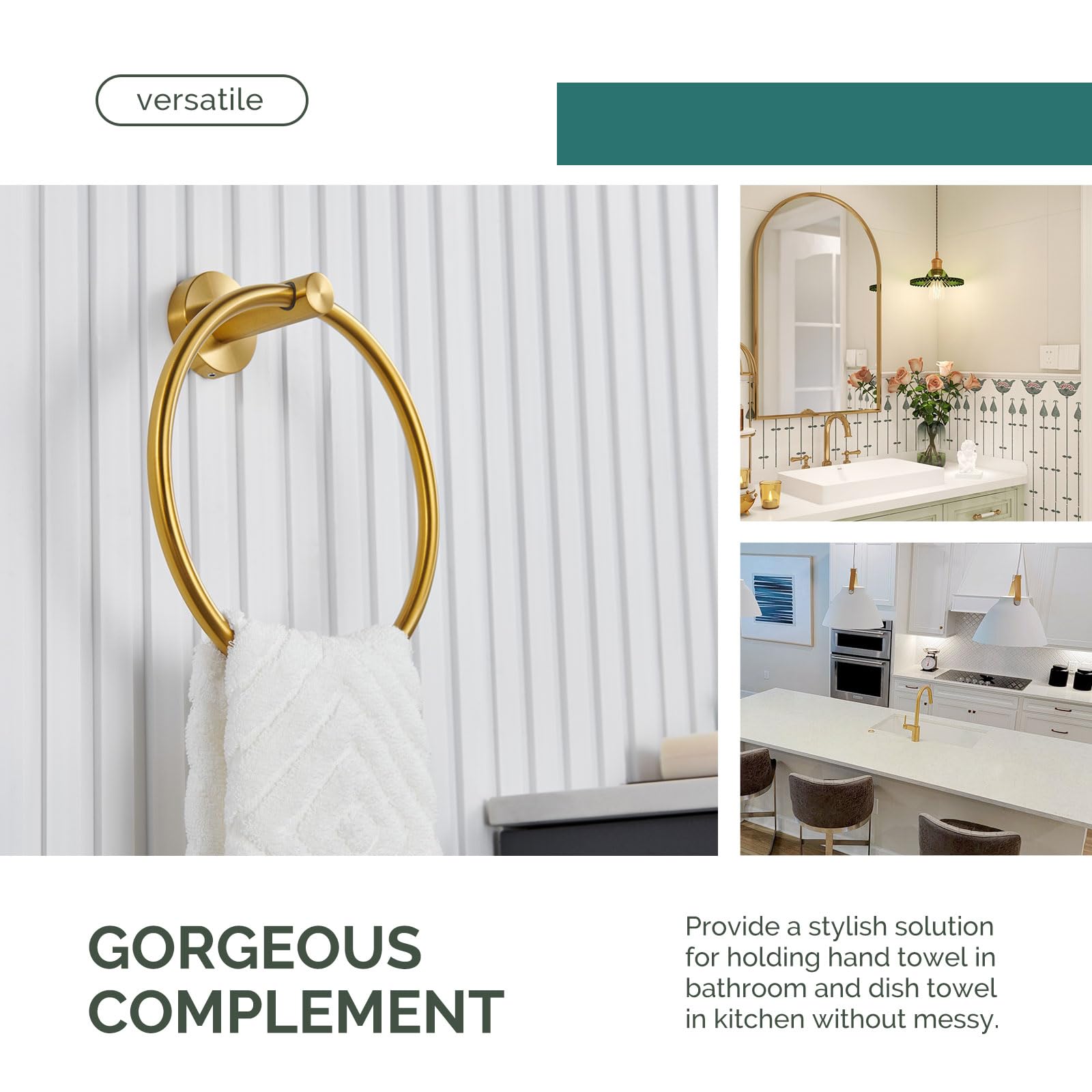 Brushed Gold Towel Ring - Angle Adjustable SUS304 Stainless Steel Wall Mounted Towel Holder - Modern Bathroom Accessory for Hand Towels, Washcloths & Spa Decor