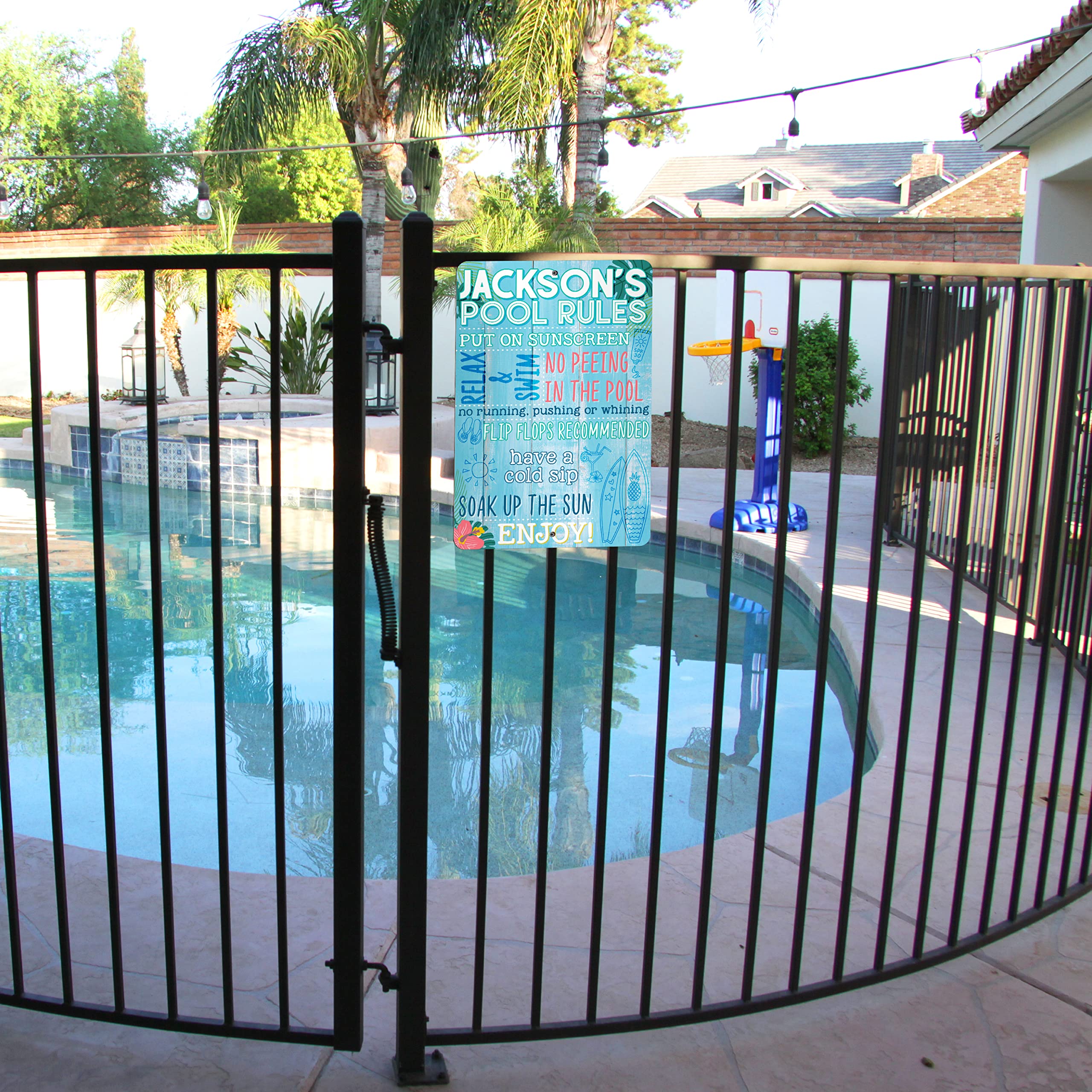 Personalized Pool Sign with Name - Custom Metal Sign for Garden, Patio, Hot Tub & Pool Deck | 7 Unique Designs | Funny Backyard Decor & Gift for Swimming Pool Owners | Perfect for Outdoor Decor, Housewarming & Pool Party Gifts