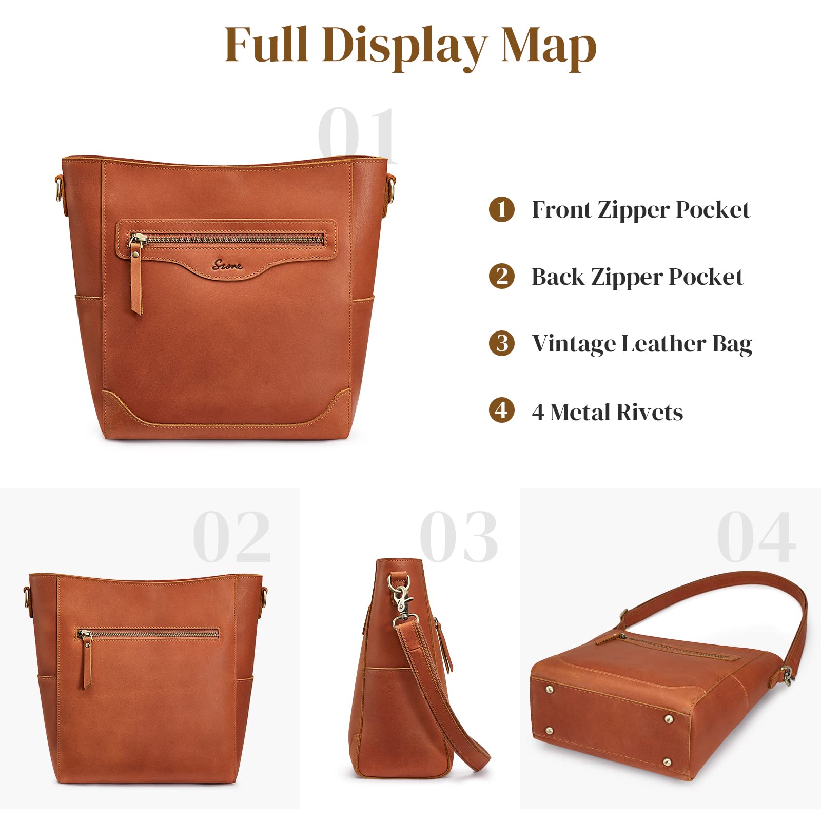 S-ZONE Genuine Leather Women's Vintage Bucket Shoulder Bag Crossbody Purse with Outer Pocket - Perfect for Work, Travel & Everyday Use