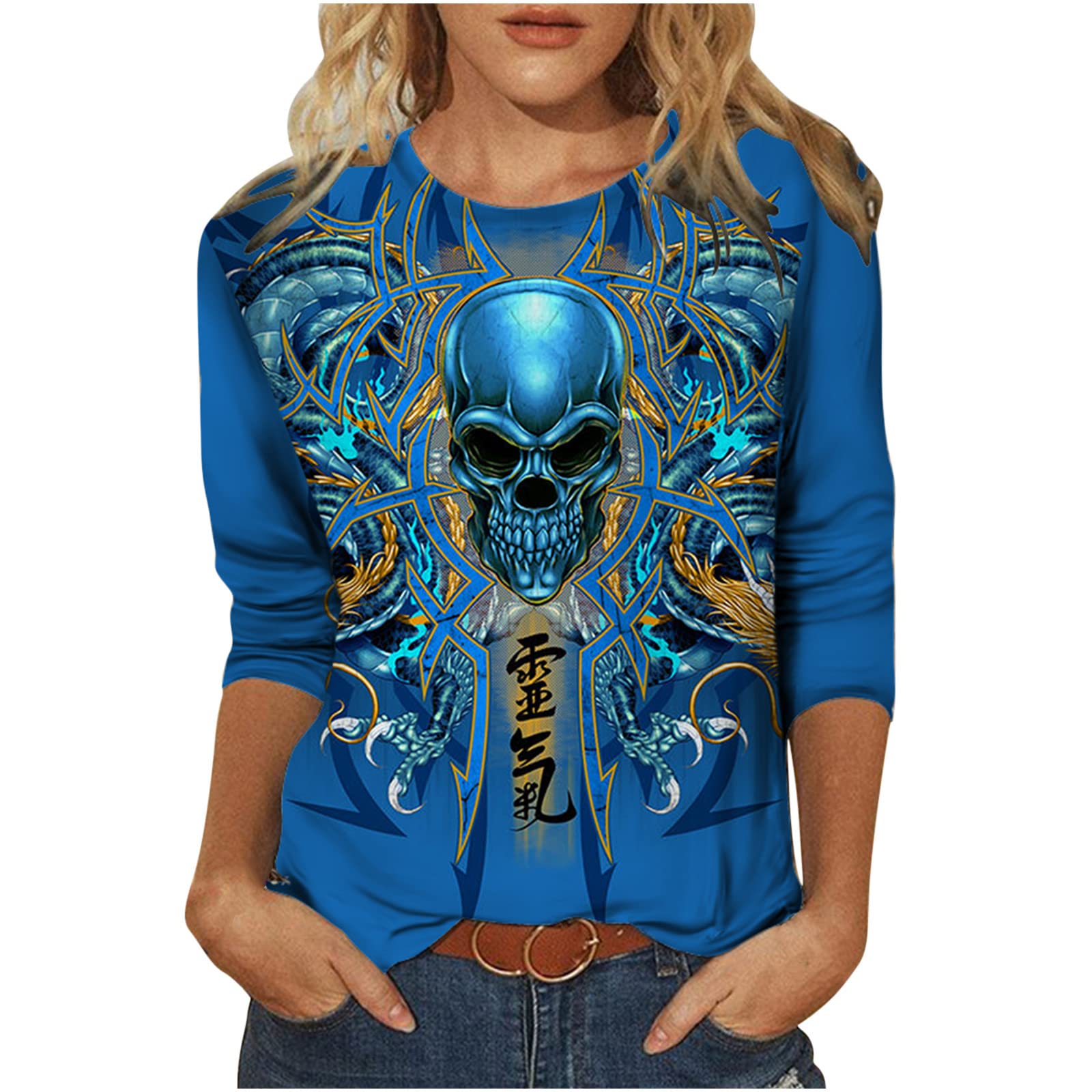 Wirziis Women's Vintage Skull Long Sleeve T-Shirt - Loose Fit Casual Crewneck Summer Top | Trendy Black Comfy Tee for Streetwear, Music Festivals & Everyday Wear