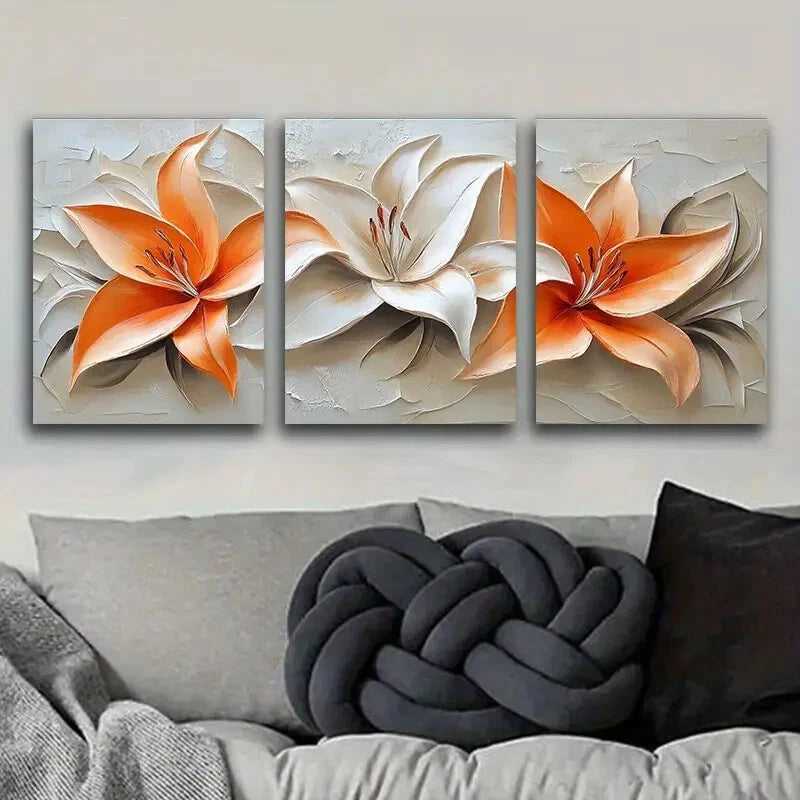 3-Piece Orange Lily Oil Painting Metal Prints - Ready to Hang Wall Art for Living Room, Bedroom & Office Decor