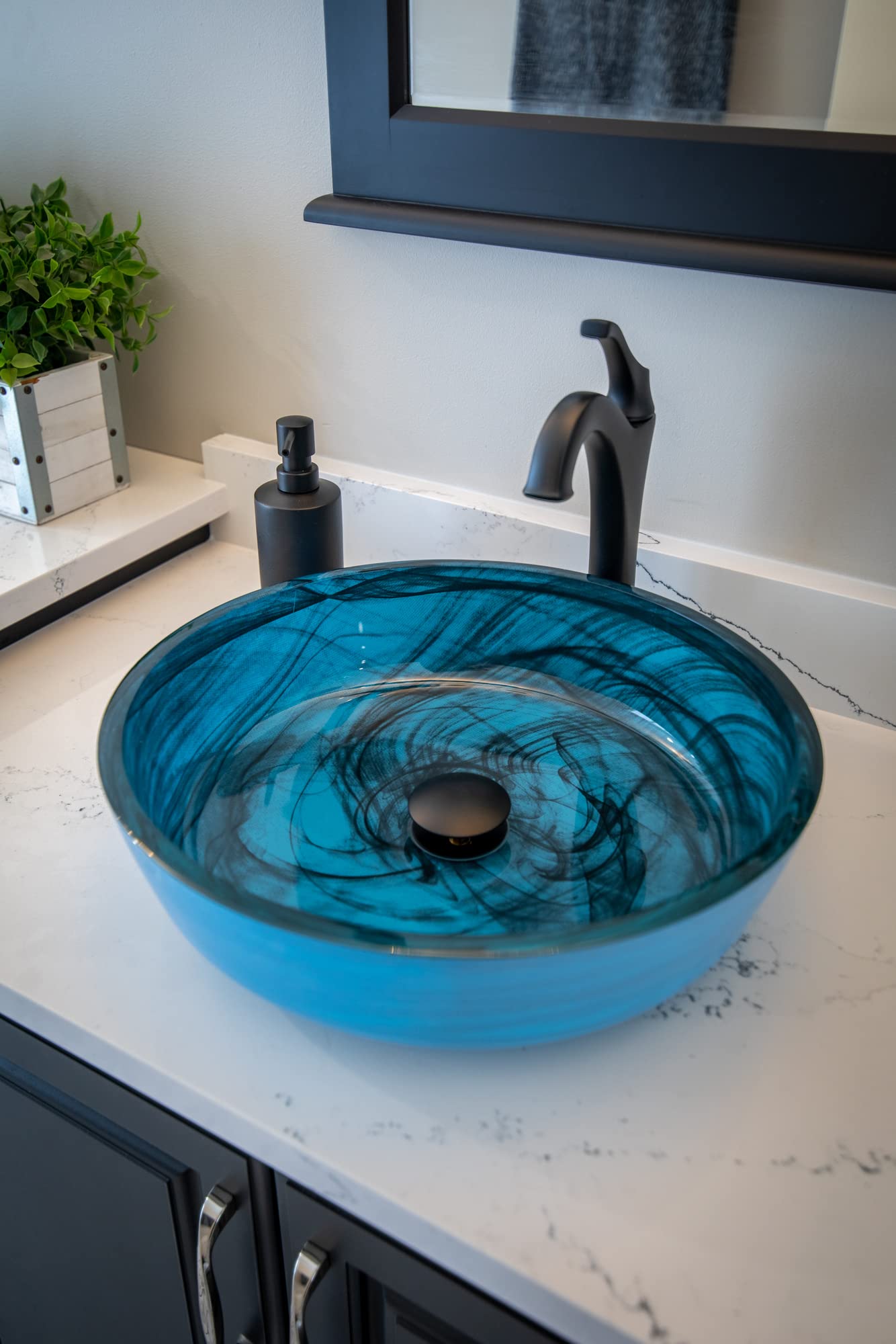 Blue Mist Flat Bottom Glass Vessel Sink for Bathroom Vanity - Modern Rectangular Basin for Powder Room, Guest Bath & Master Bath Decor
