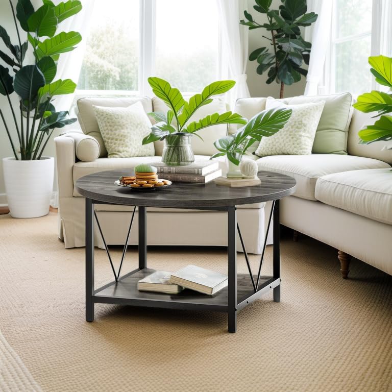 YITAHOME Modern Round Coffee Table with Storage - 2 Tier Wooden Circle Center Table with Metal Frame, Gray - Perfect for Living Room, Small Spaces & Home Decor