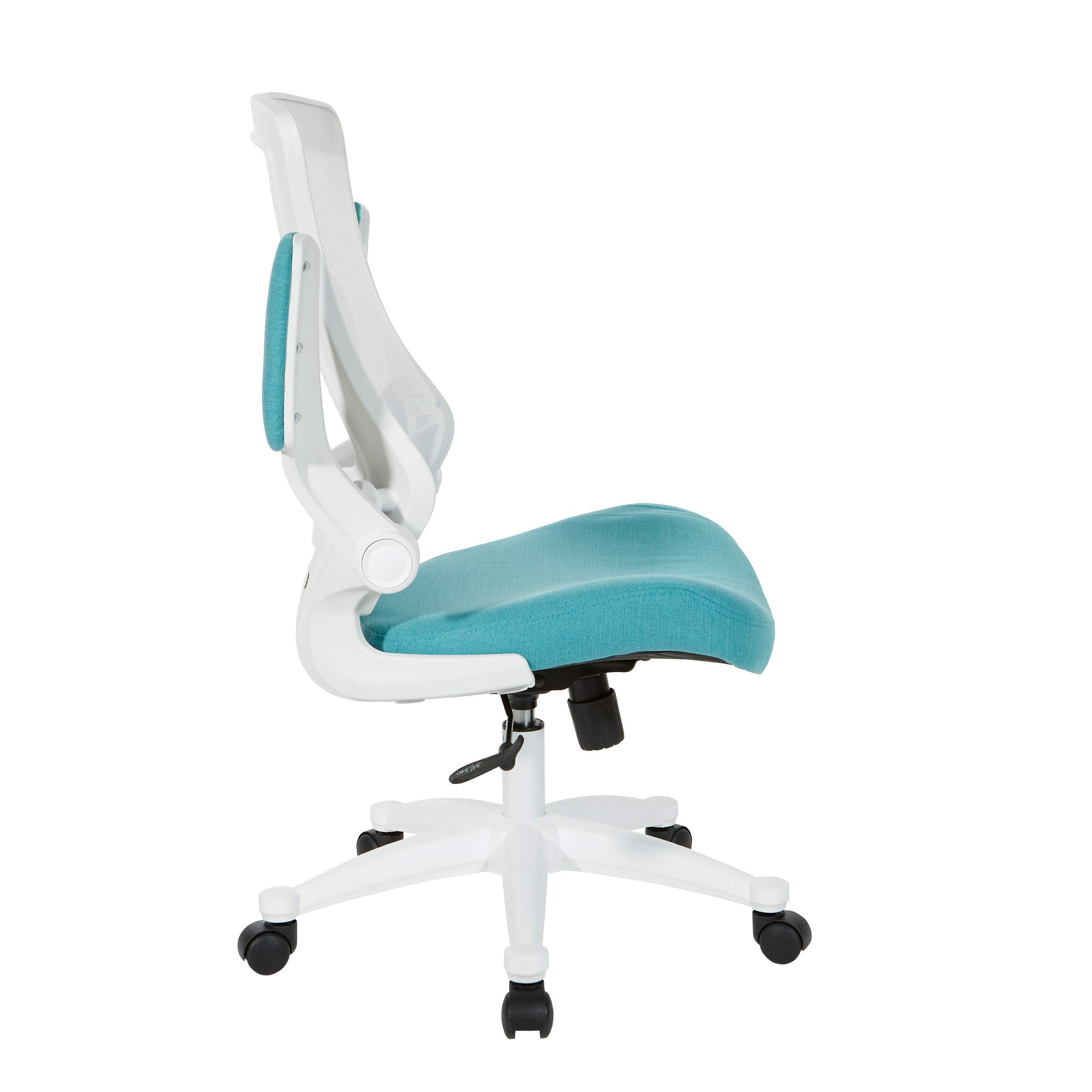 Office Star Ventilated White Screen Back Manager's Office Chair with Padded Flip Arms & White Nylon Base - Linen Turquoise Fabric - Ergonomic Desk Chair for Home & Office Workspaces