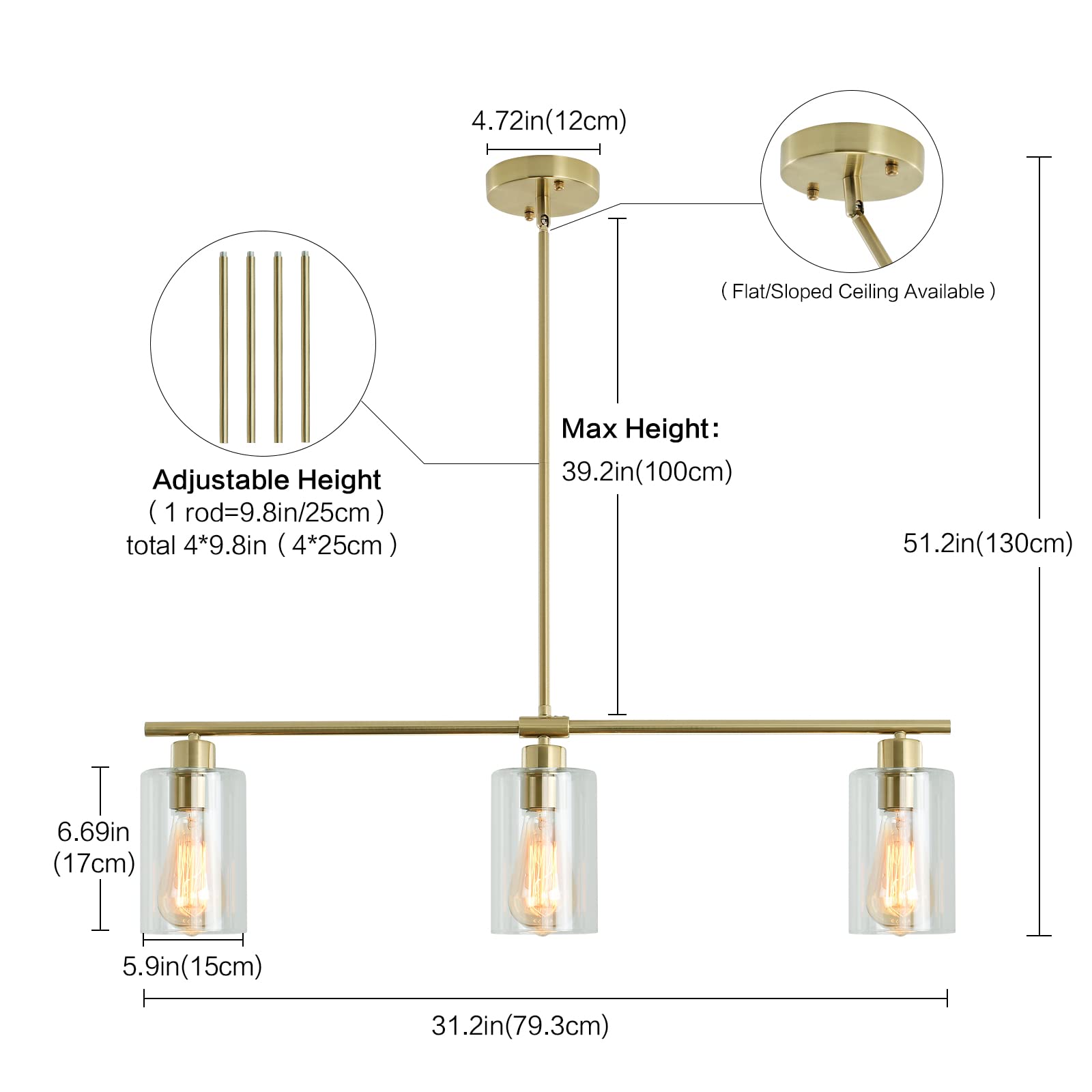 3-Light Industrial Linear Pendant Light Fixture with Clear Glass Shades - Gold Kitchen Island Hanging Chandelier for Dining Room, Washroom & Modern Home Decor | Perfect for Farmhouse, Loft & Contemporary Spaces