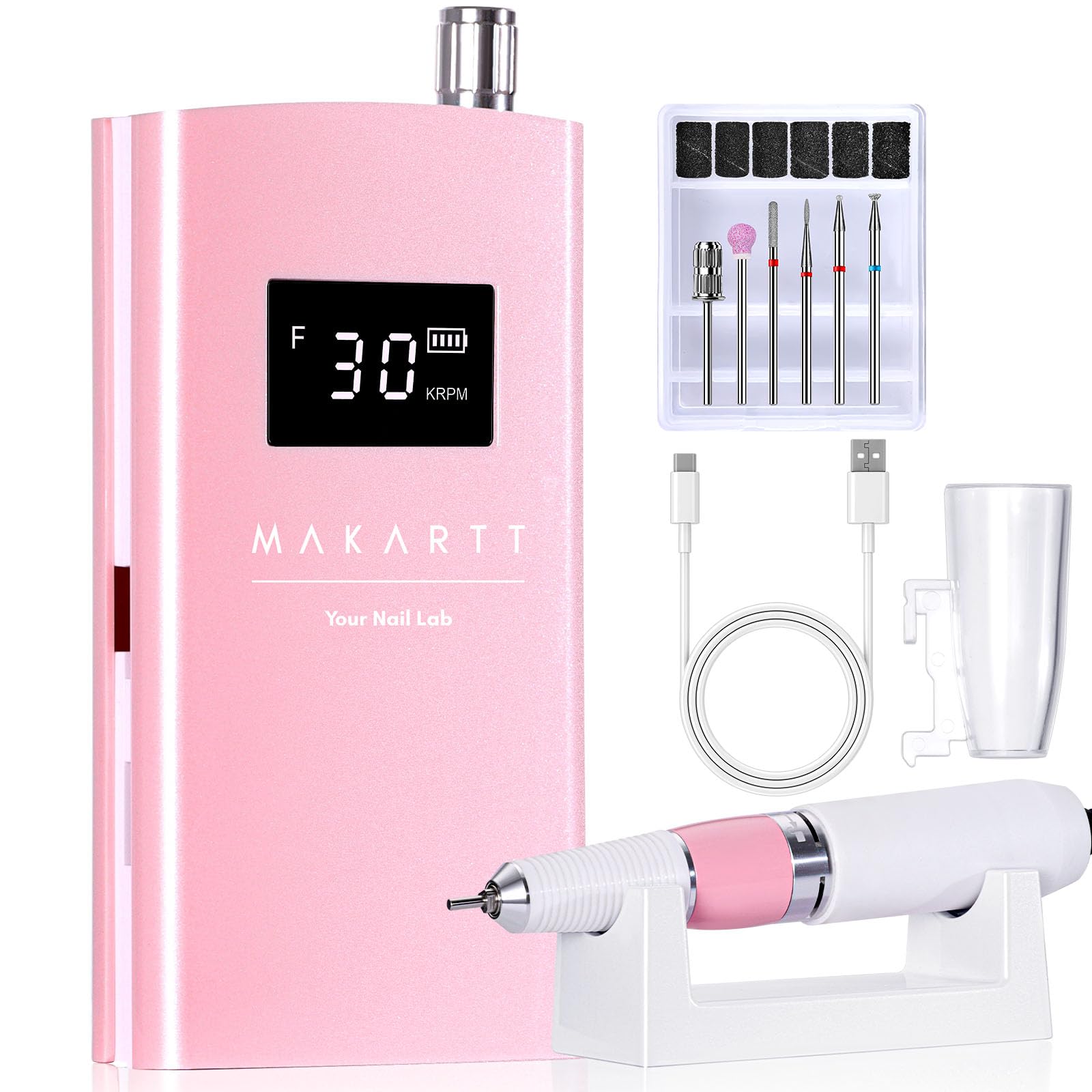 Makartt Professional Electric Nail Drill Kit - 30000 RPM Rechargeable Nail File with 6 Drill Bits & Sanding Bands - Pearly Pink Portable Manicure Tool for Salon & Home Use - Perfect for Acrylic Nails, Gel Polish Removal & Nail Art Design