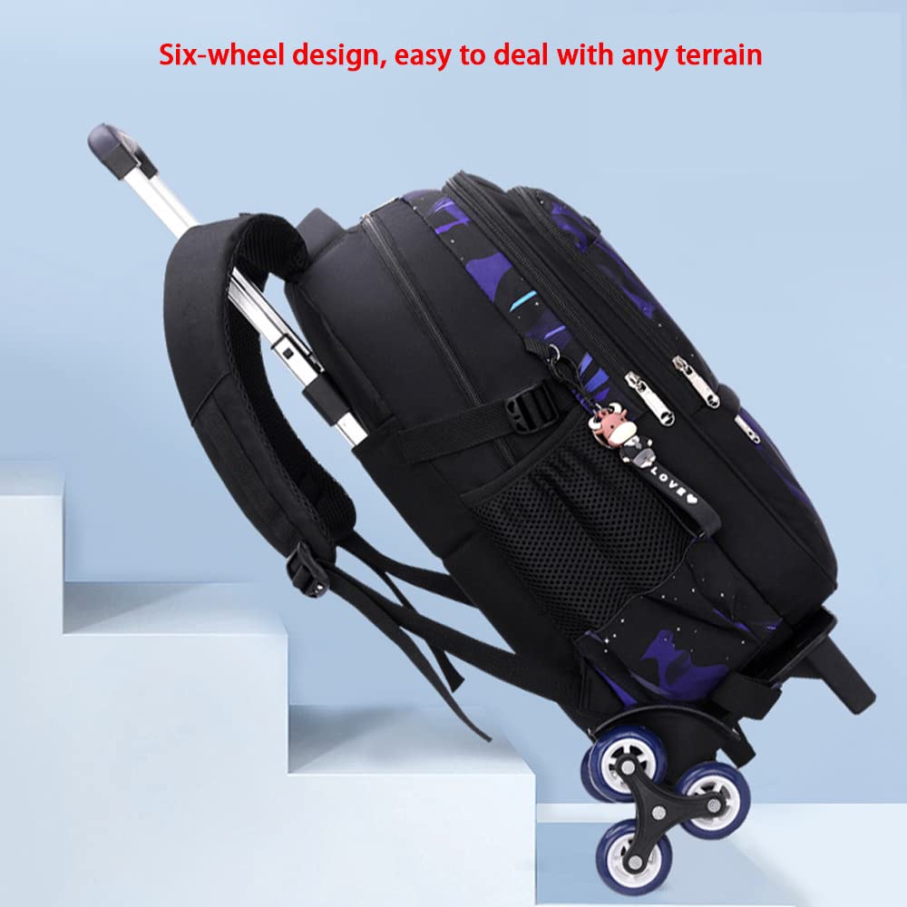 Durable Oxford Cloth School Backpack for Boys - 6-Wheel Travel Luggage Trolley Case with Cool Dinosaur Pattern (Blue) - Perfect for School, Vacation & Airplane Trips