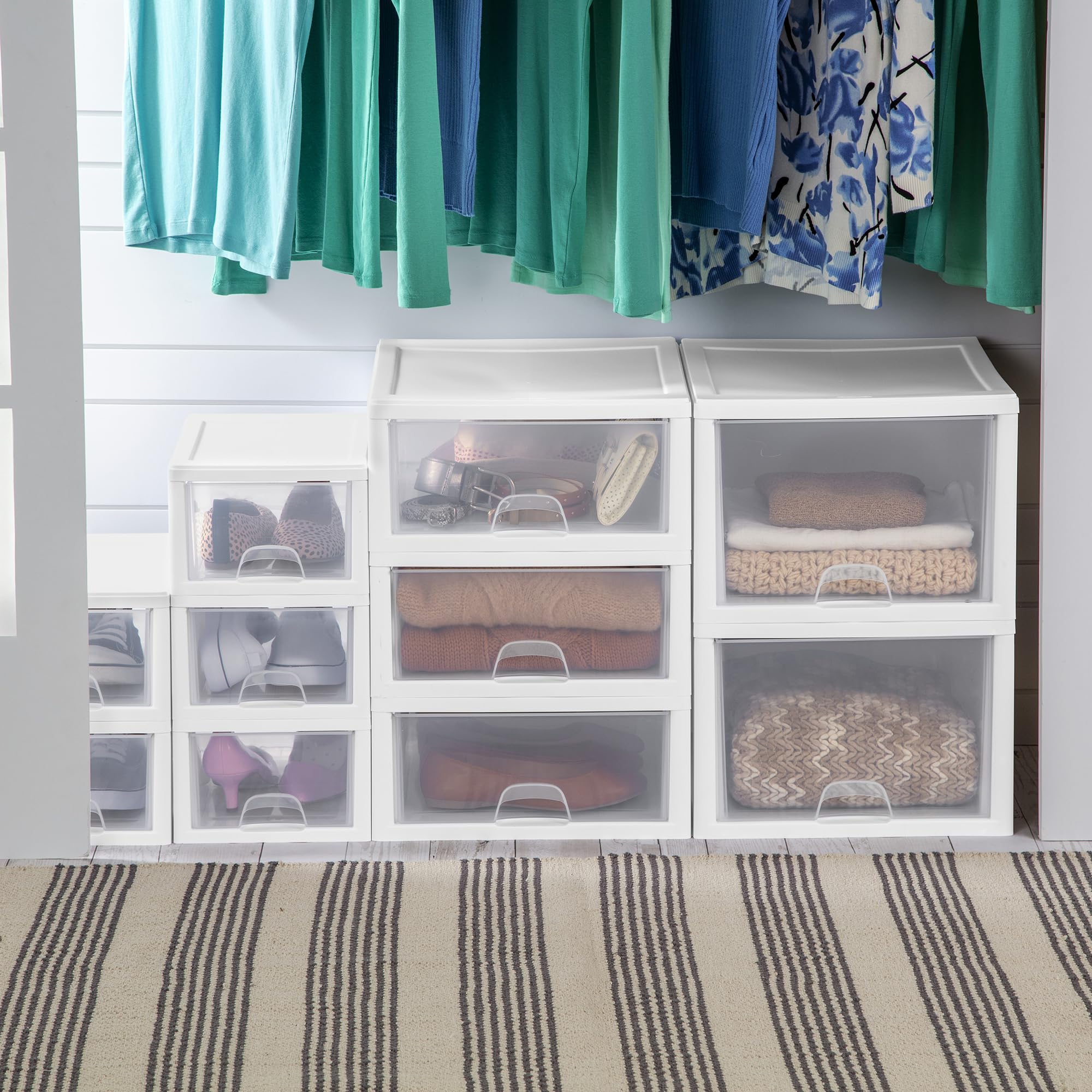 Sterilite 12-Pack Clear Plastic Stackable Drawers - 16 Quart Storage Bins with White Frame for Closet, Bedroom & Office Organization | Space-Saving Home Organizer Solution