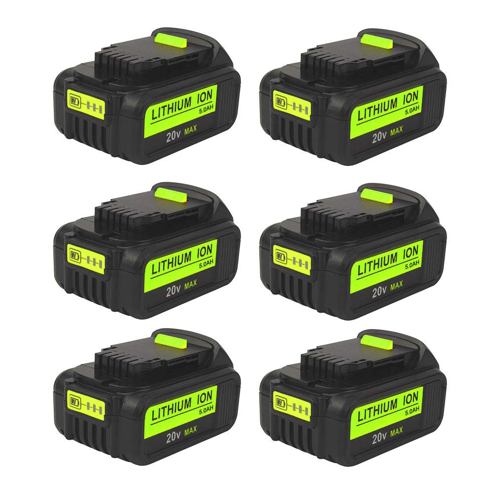 6-Pack 20V 5.0Ah Lithium-Ion Battery Replacement for Dewalt 20V MAX XR Tools - Compatible with DCB200, DCB203, DCB206, DCB204, DCB204BT-2, DCB201 - Power Drills, Saws, Flashlights & More