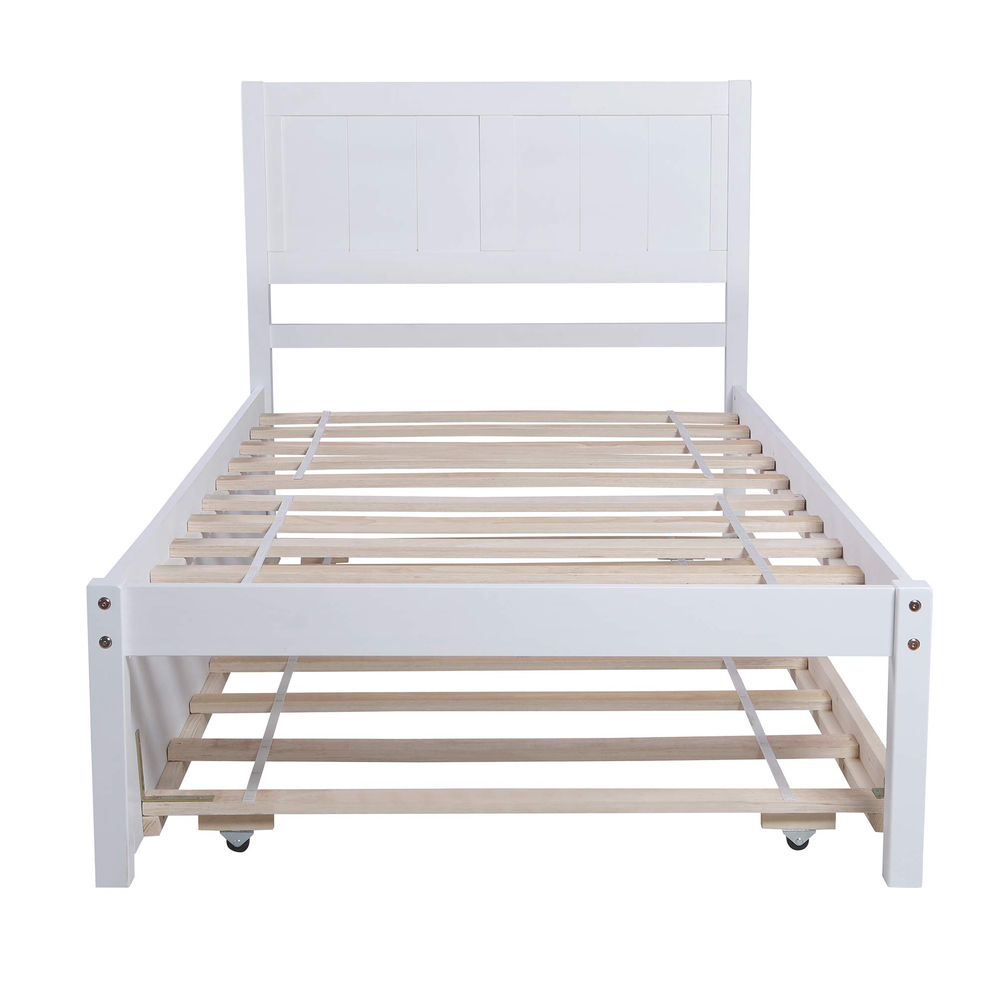 Twin Size Wooden Platform Bed Frame with Headboard & Trundle - No Box Spring Required, Easy Assembly (White) - Perfect for Kids Rooms, Guest Beds & Small Space Living