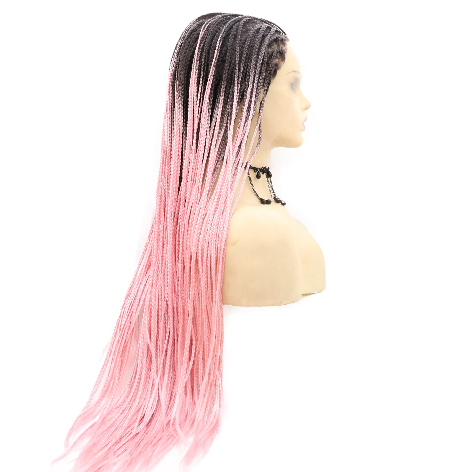 26 Inch Pink Braid Lace Front Wig - Heat Resistant Synthetic Hair with Realistic Long Black to Peach Pink Ombre - Perfect for Black Women, Drag Queen Cosplay, Parties & Everyday Wear