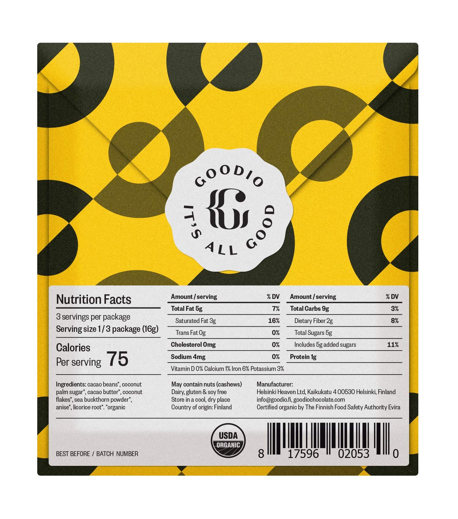 Goodio Organic Chocolate Bar 3-Pack - Licorice & Sea Buckthorn 53% Dark Chocolate (1.7oz) | Vegan, Gluten-Free, Soy-Free, Non-GMO | Perfect for Gifts, Healthy Snacking & Dessert Lovers
