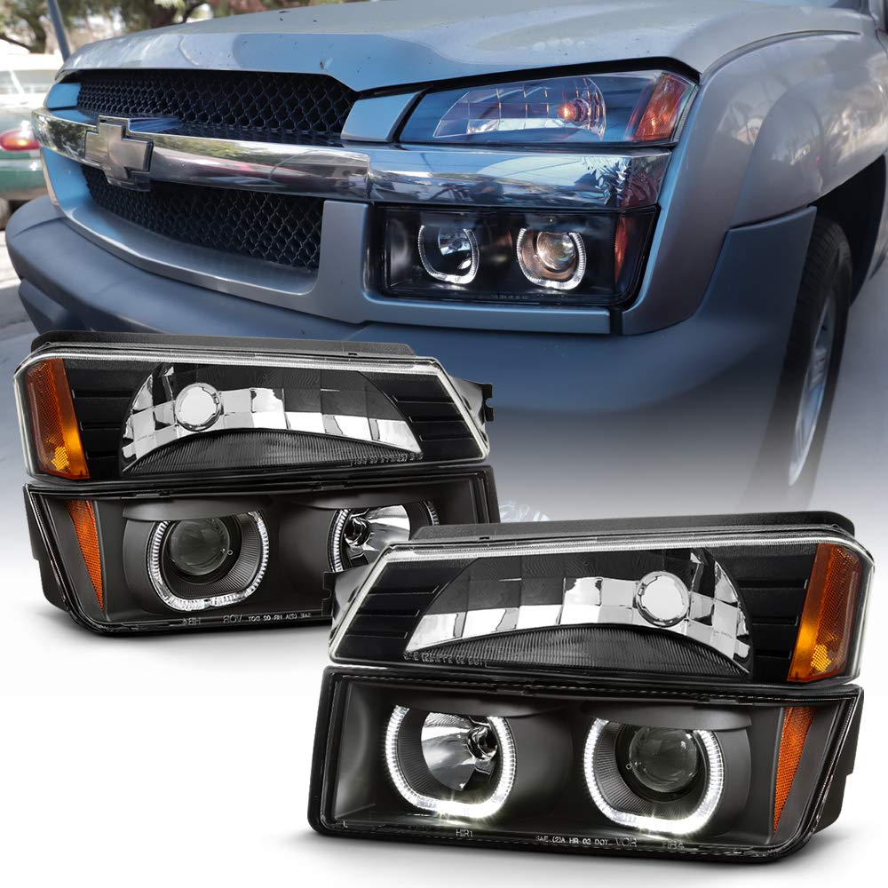 ACANII LED Halo Projector Headlights + Bumper Signal Lights Kit (4PCS) for 2002-2006 Chevy Avalanche 1500/2500 - Durable Replacement Headlight Assembly with Bright Halo Rings - Perfect for Night Driving & Off-Road Adventures
