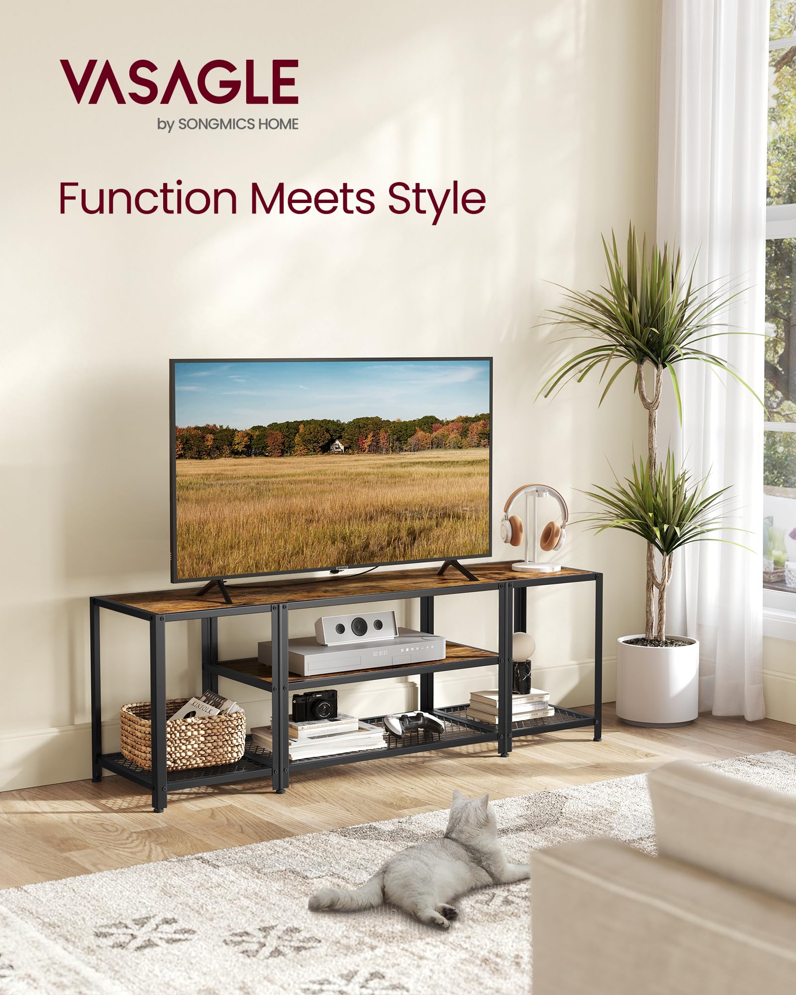 VASAGLE 65 Inch TV Stand with 3-Tier Open Shelves, Industrial Modern Entertainment Center Console Table - Rustic Brown & Black for Living Room & Bedroom | Perfect for Home Theater Setup & Media Storage Organization