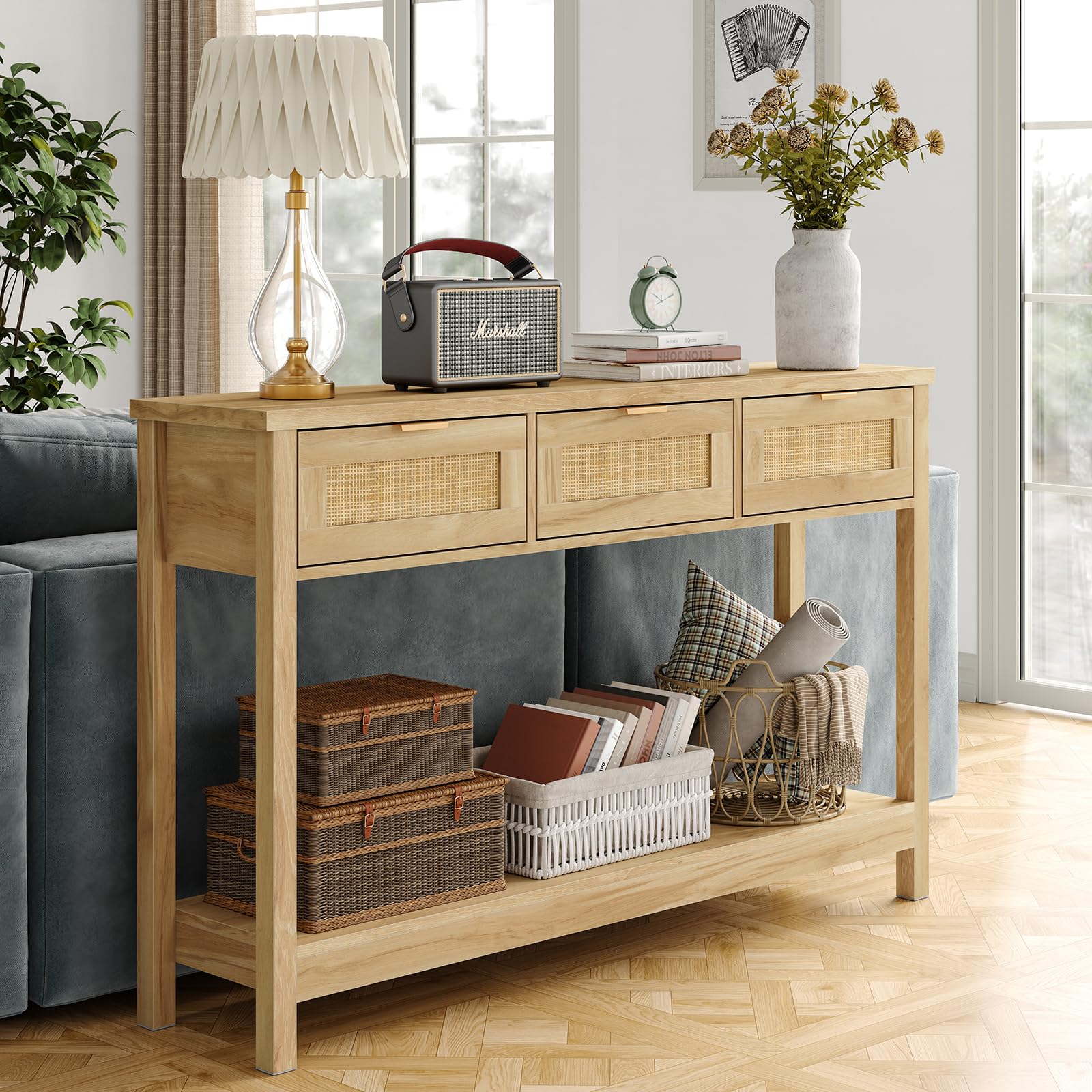 Boho Rattan Sofa Table - Narrow Long Entryway Console with 3 Drawers & Open Shelf | Natural Wood Side Table for Hallway, Living Room | Perfect for Small Spaces, Apartment Decor & Farmhouse Style Homes